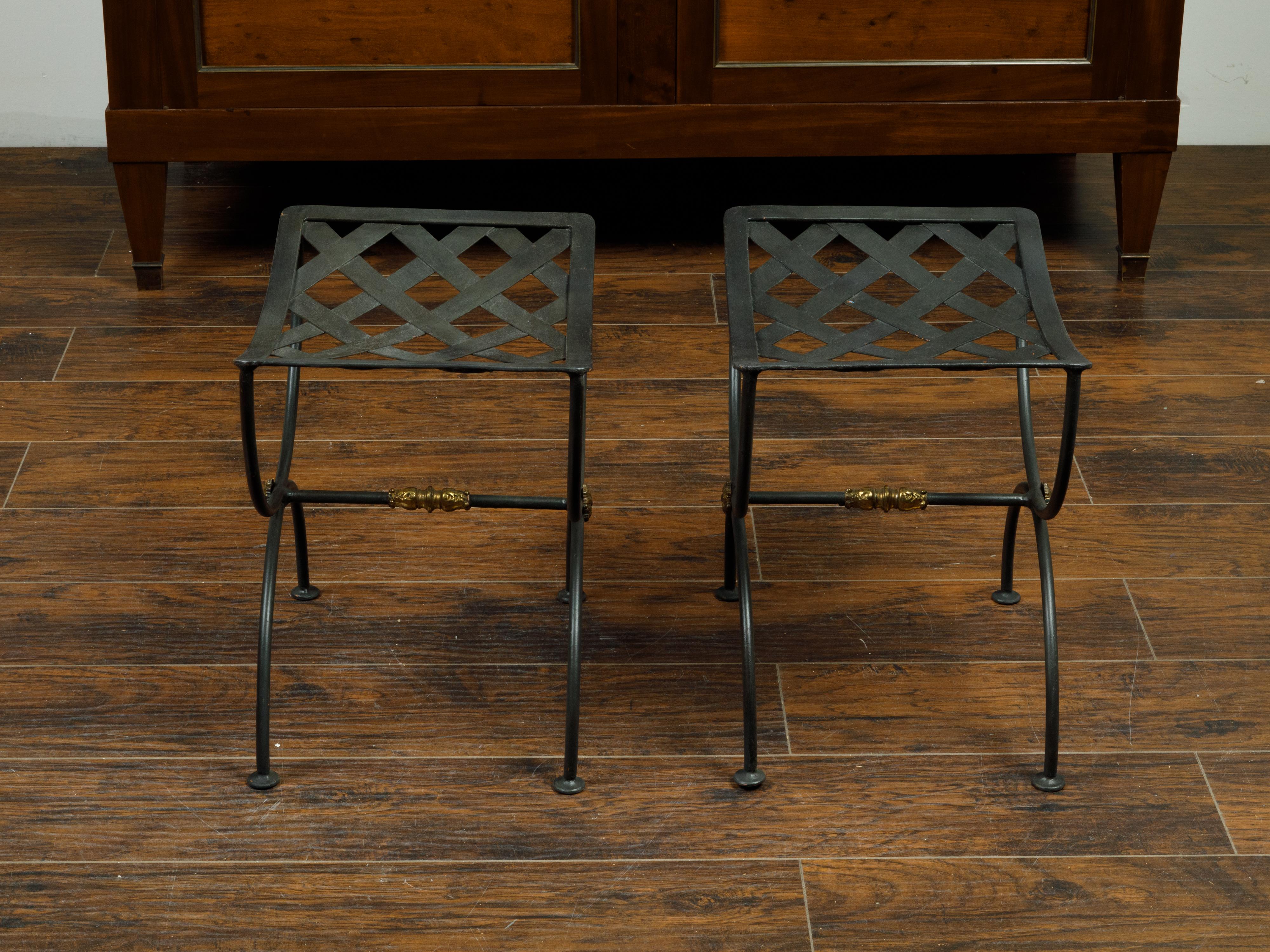Pair of French Midcentury Iron Curule Stools with Latticed Tops and X-Form Bases 1