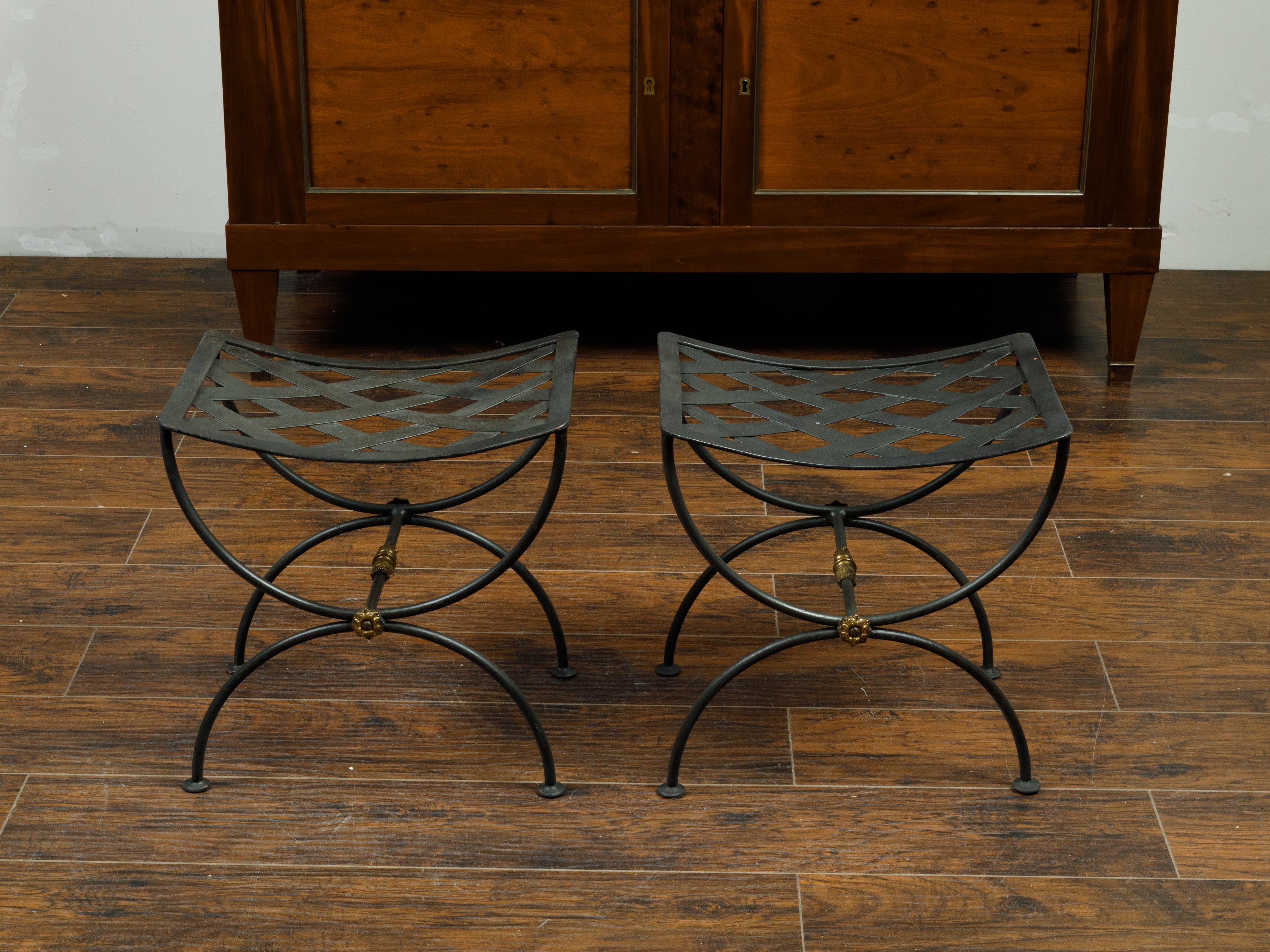 Pair of French Midcentury Iron Curule Stools with Latticed Tops and X-Form Bases 2
