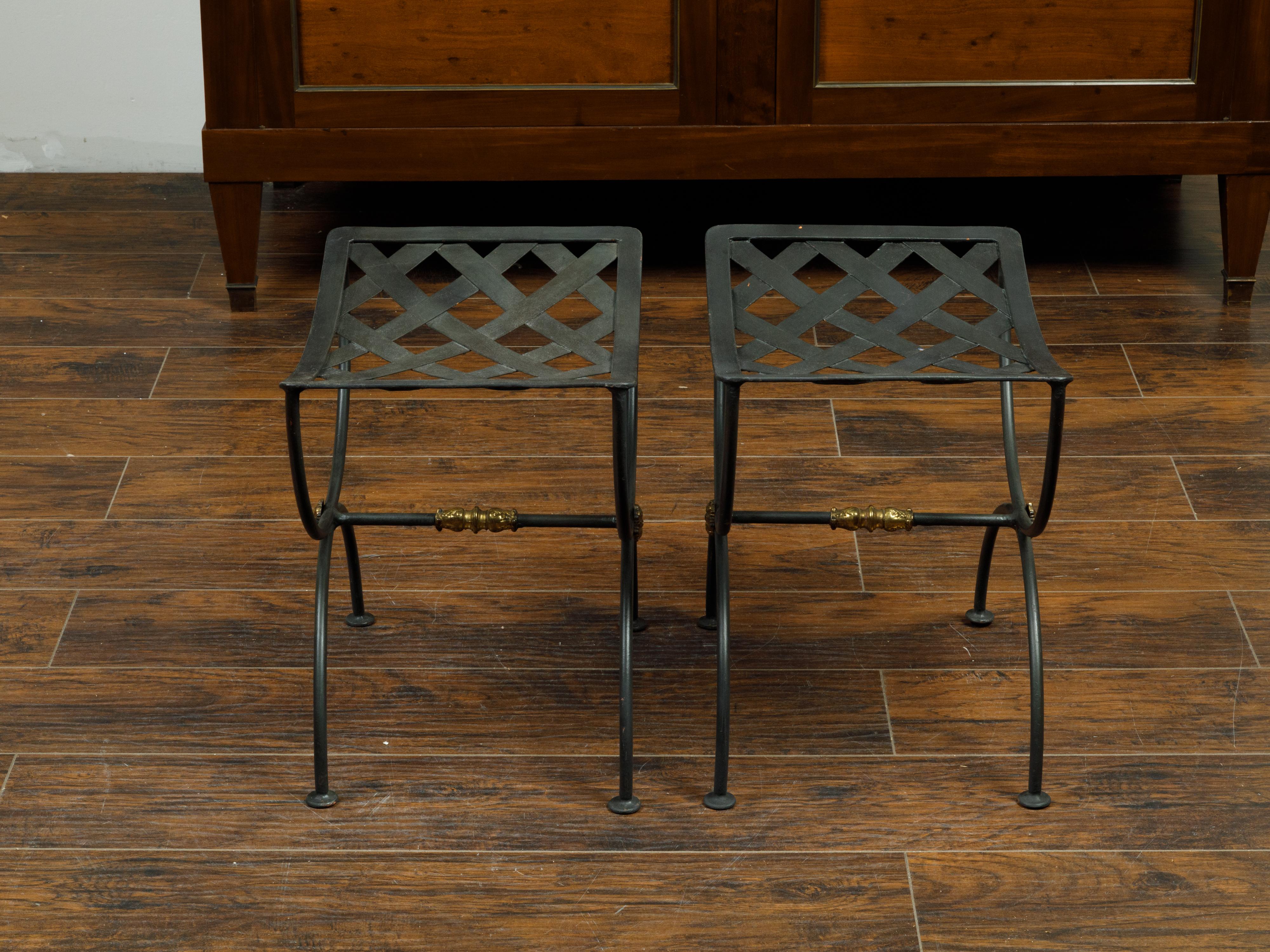 Pair of French Midcentury Iron Curule Stools with Latticed Tops and X-Form Bases 3