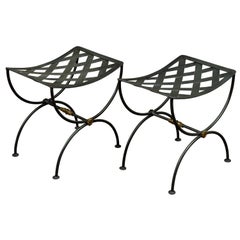 Pair of French Midcentury Iron Curule Stools with Latticed Tops and X-Form Bases