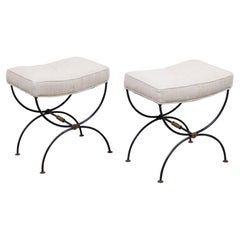 Pair of French Midcentury Iron Curule Stools with Newly Upholstered Seats