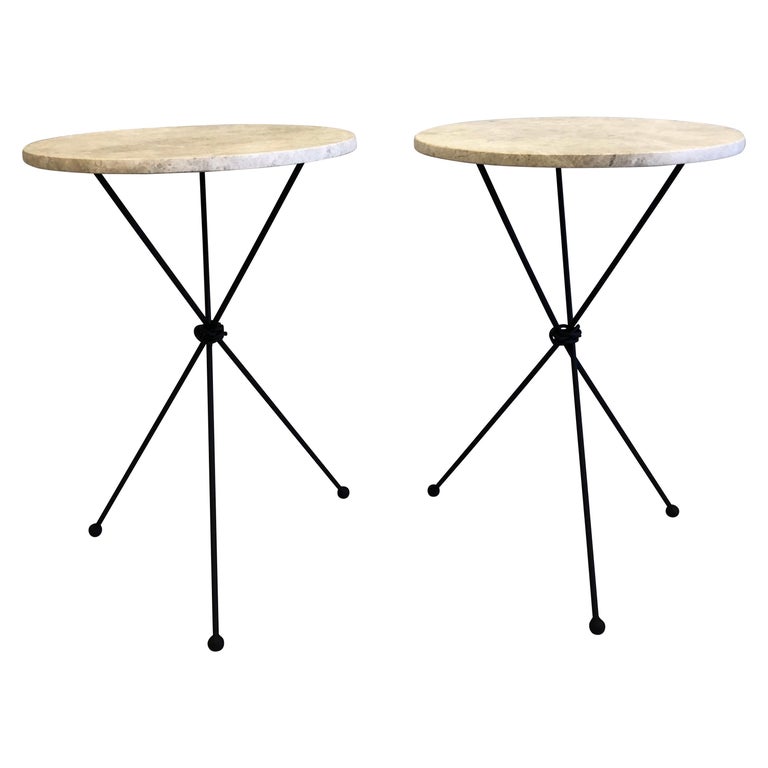 Pair of French Midcentury Iron & Limestone End/ Side Tables, Giacometti For Sale