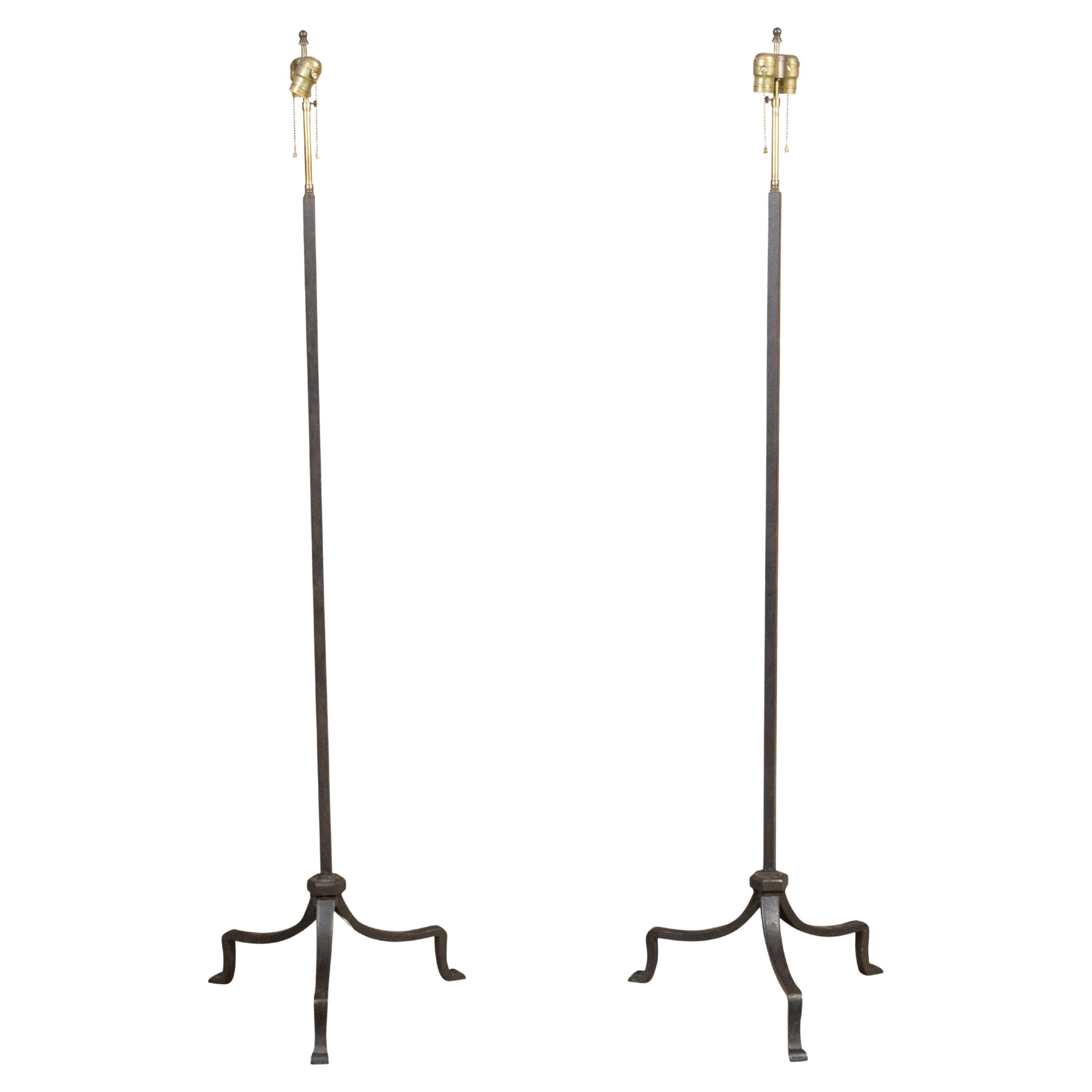 Pair of French Midcentury Iron Two-Light Floor Lamps with Tripod Bases