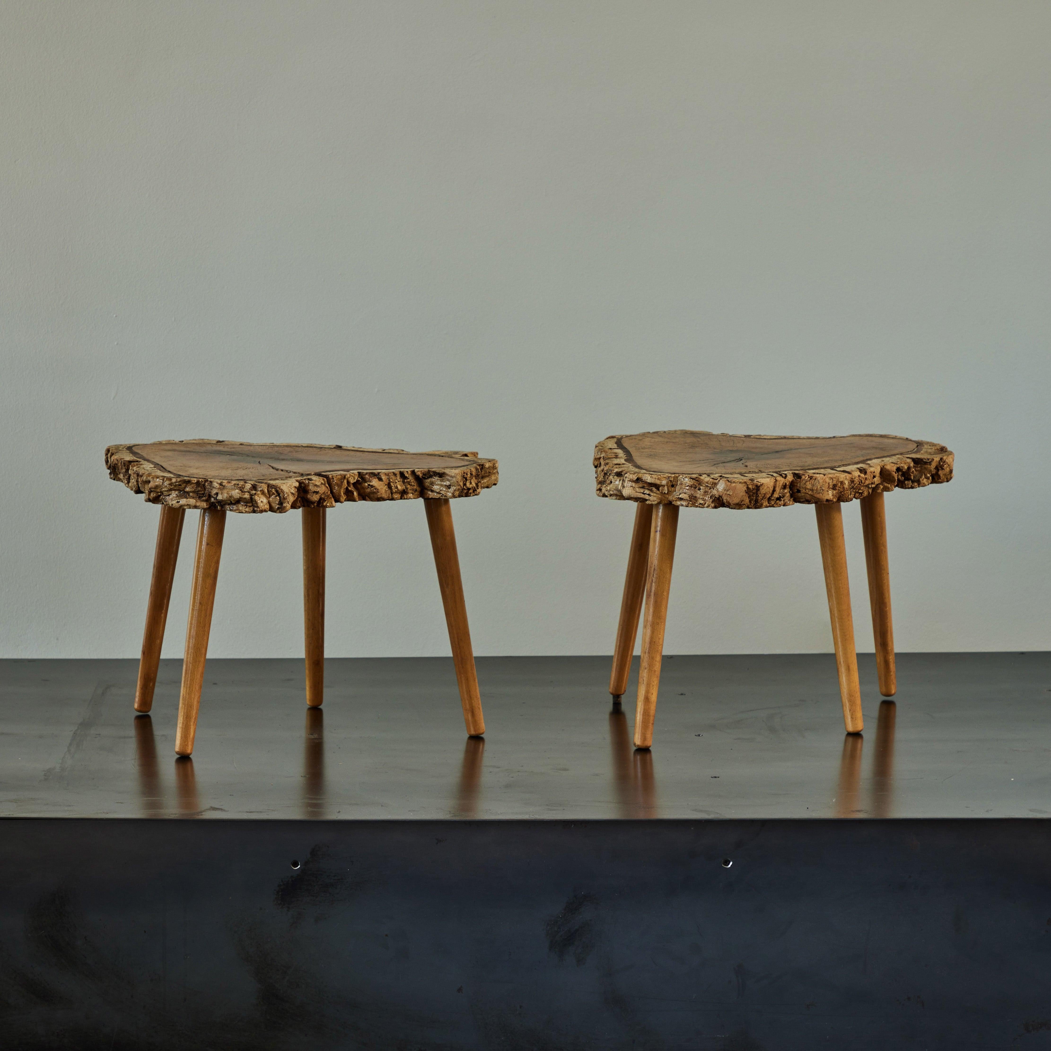 Pair of French Midcentury Live Edge Wood Tables In Good Condition In Los Angeles, CA