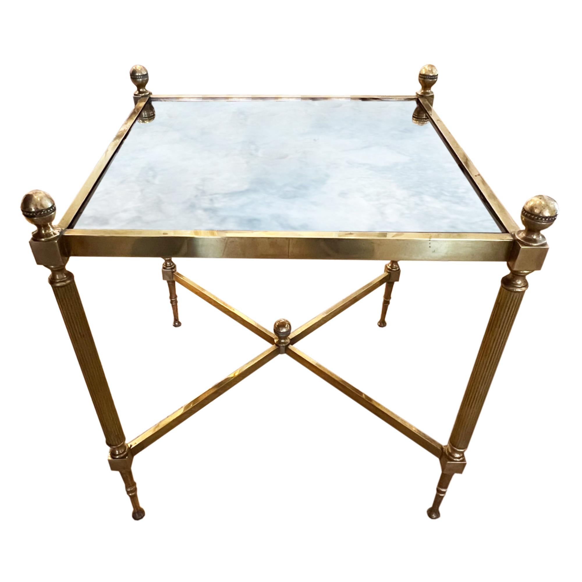 Mid-Century Modern Pair of French Midcentury Low Single Tier Side Tables with Eglomise Glass For Sale