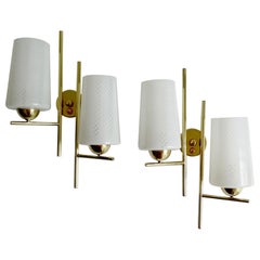 Pair of  French Mid Century Glass Brass Sconces by Lunel,  Stilnovo Style, 60s