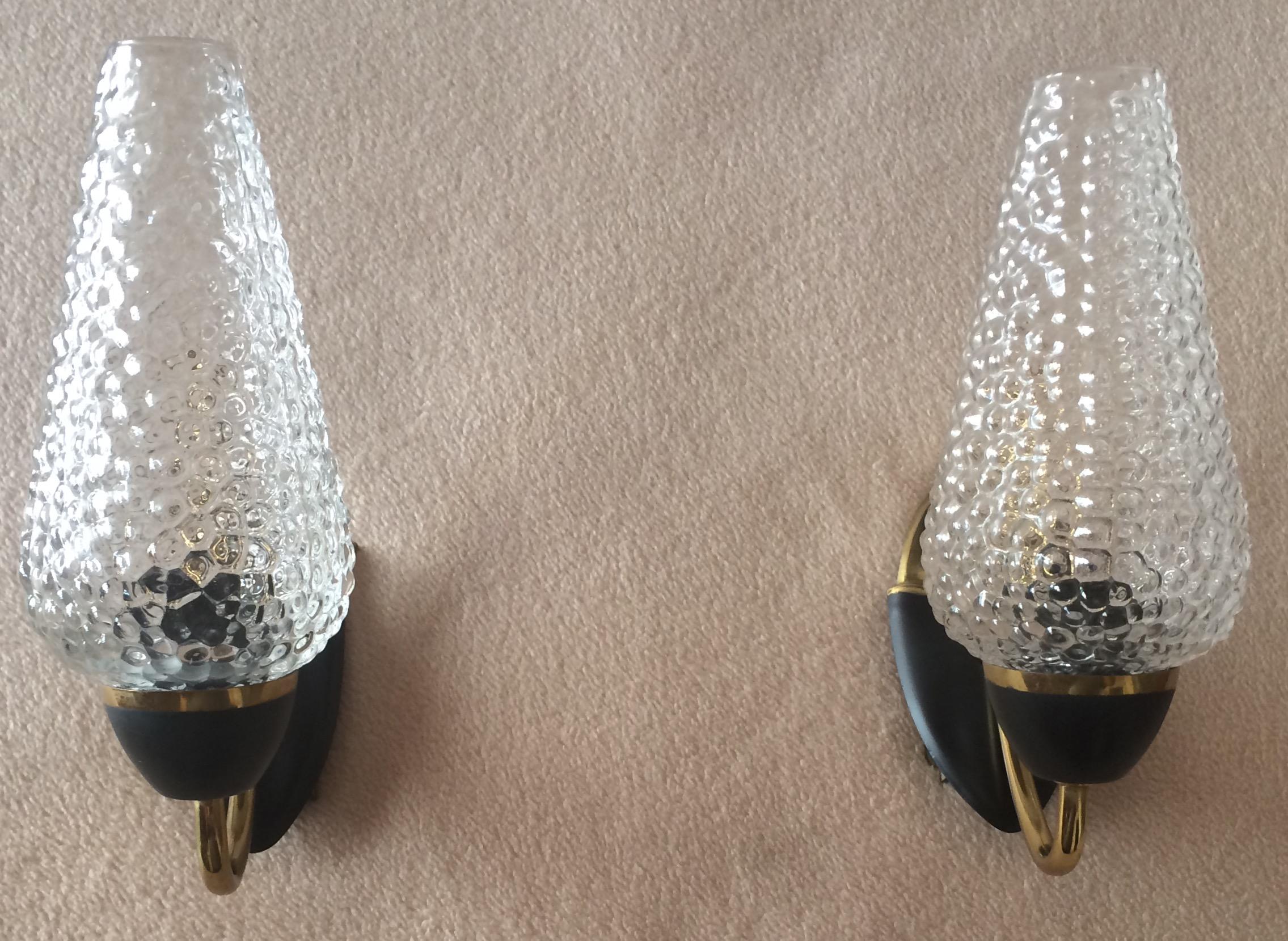 Molded Pair of French Midcentury Maison Lunel Glass Brass Sconces Wall Lights