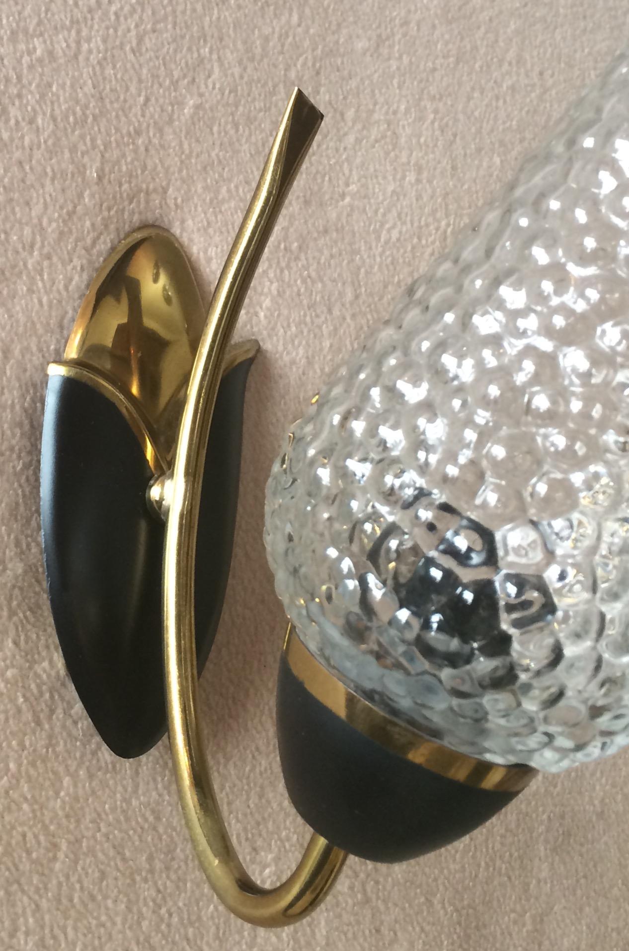 Pair of French Midcentury Maison Lunel Glass Brass Sconces Wall Lights In Good Condition In Miami, FL