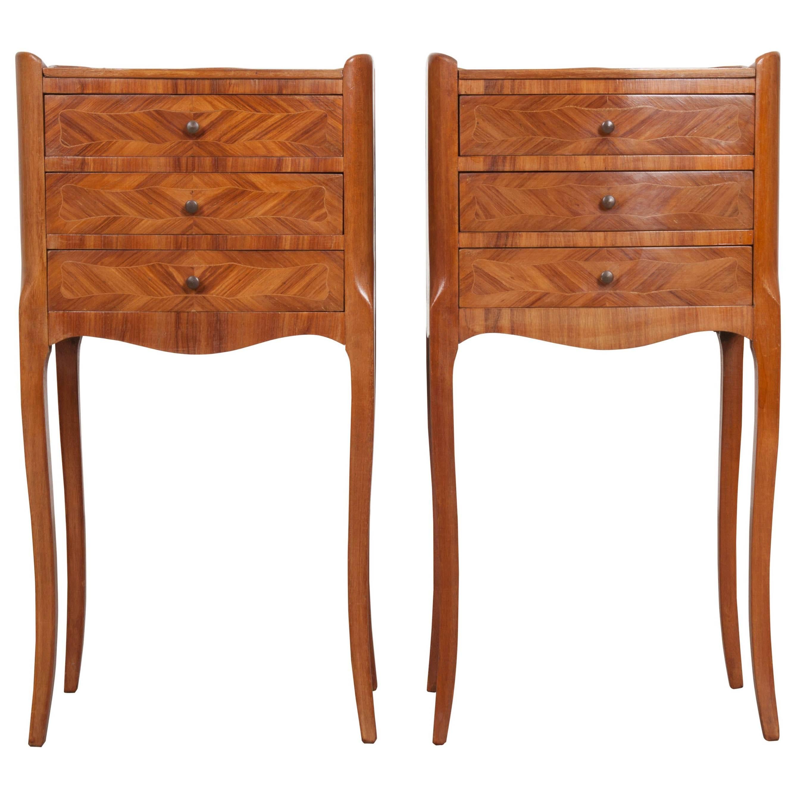 Pair of French Midcentury Marquetry Bedside Tables