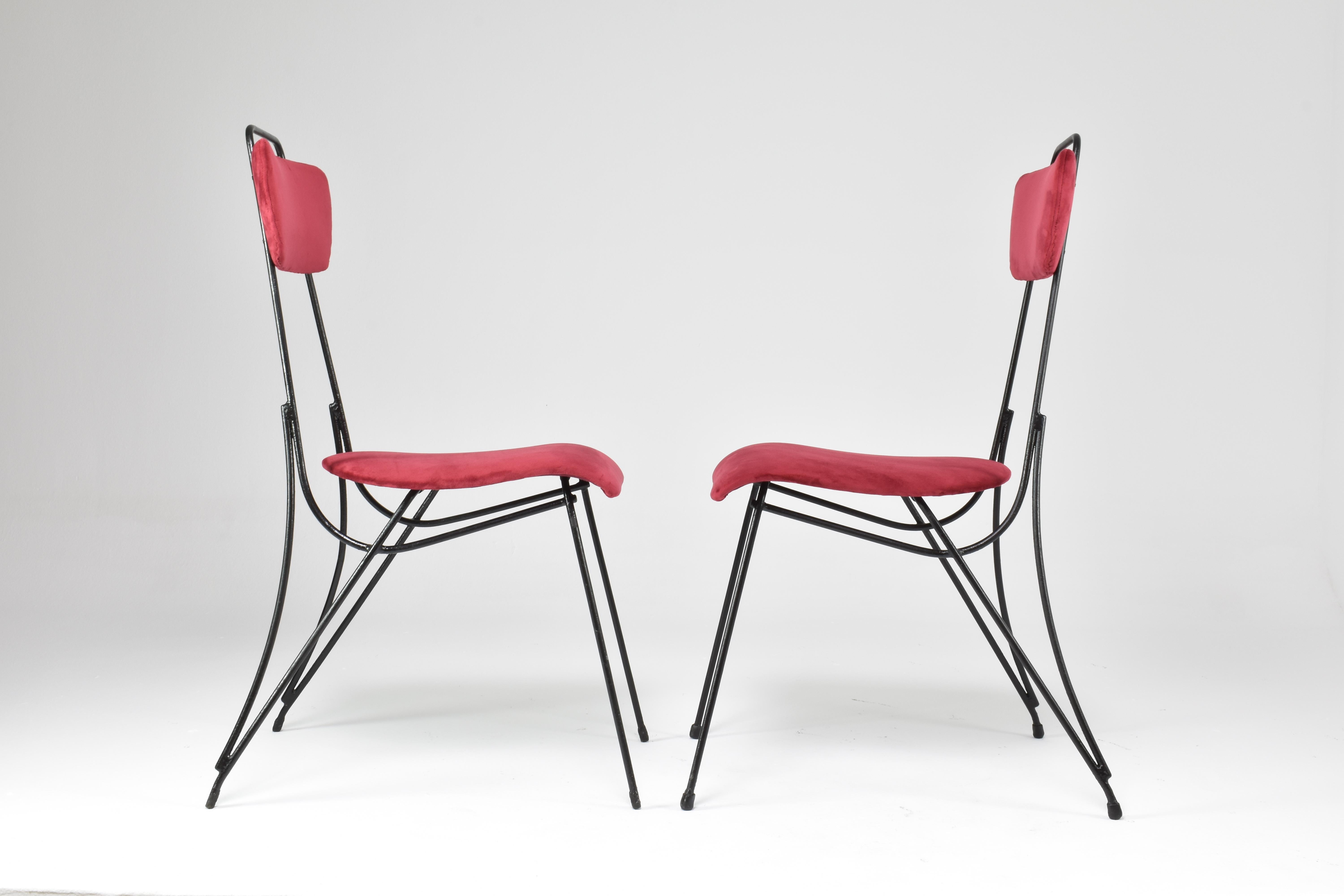 Pair of French Midcentury Metal and Velvet Chairs, 1950s For Sale 6