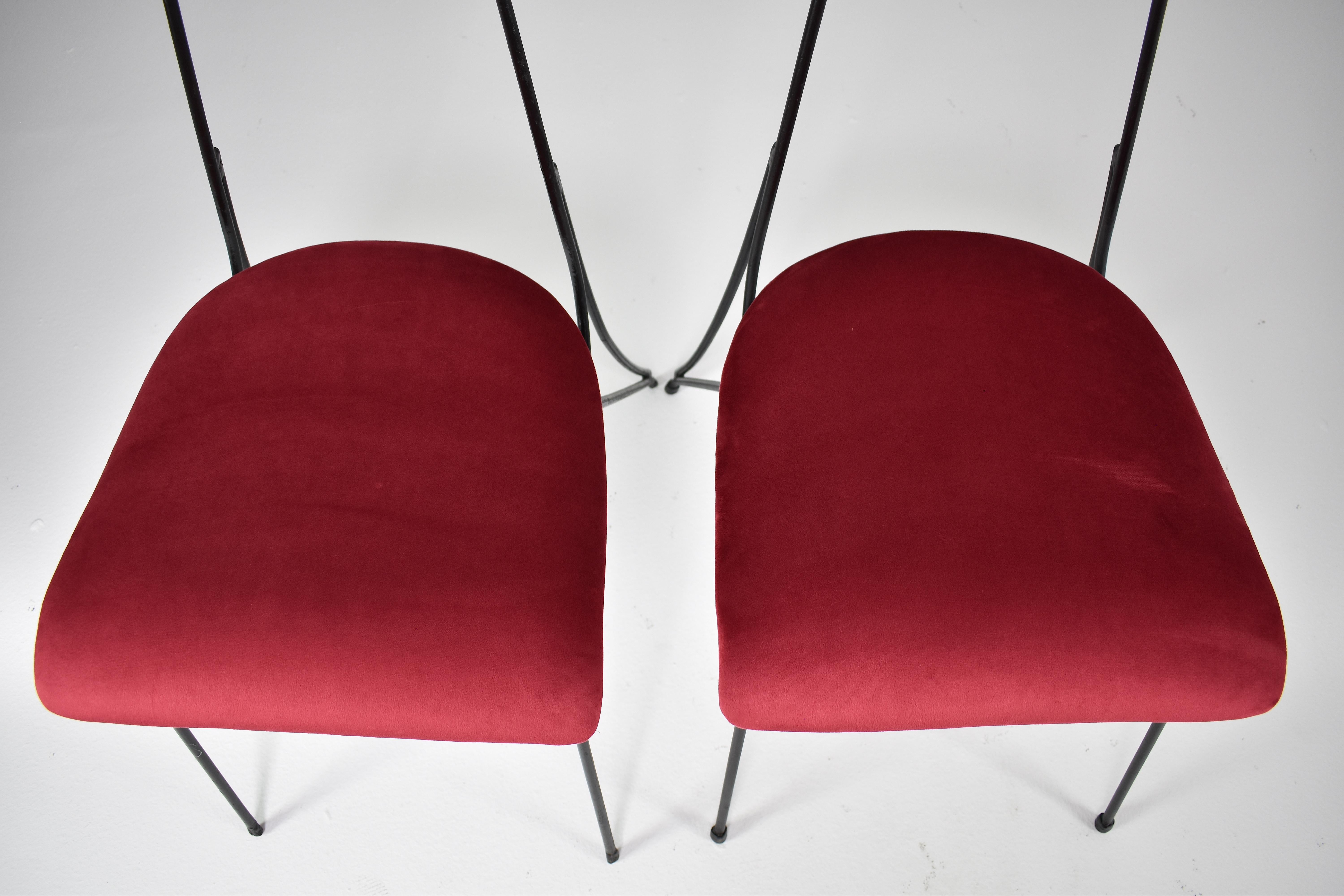 Pair of French Midcentury Metal and Velvet Chairs, 1950s For Sale 1