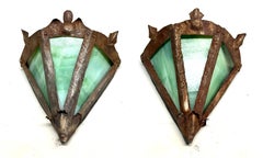 Pair of French Midcentury Modern Craftsman Stained Glass & Wrought Iron Sconces