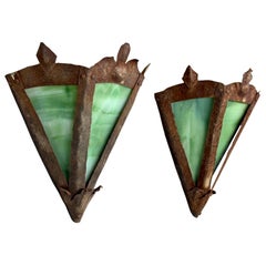 Pair of French Midcentury Modern Craftsman Stained Glass & Wrought Iron Sconces