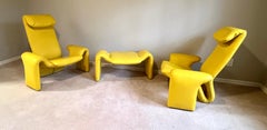 Pair of French Organic Modern Leather Lounge Chairs & Ottoman, Pierre Paulin