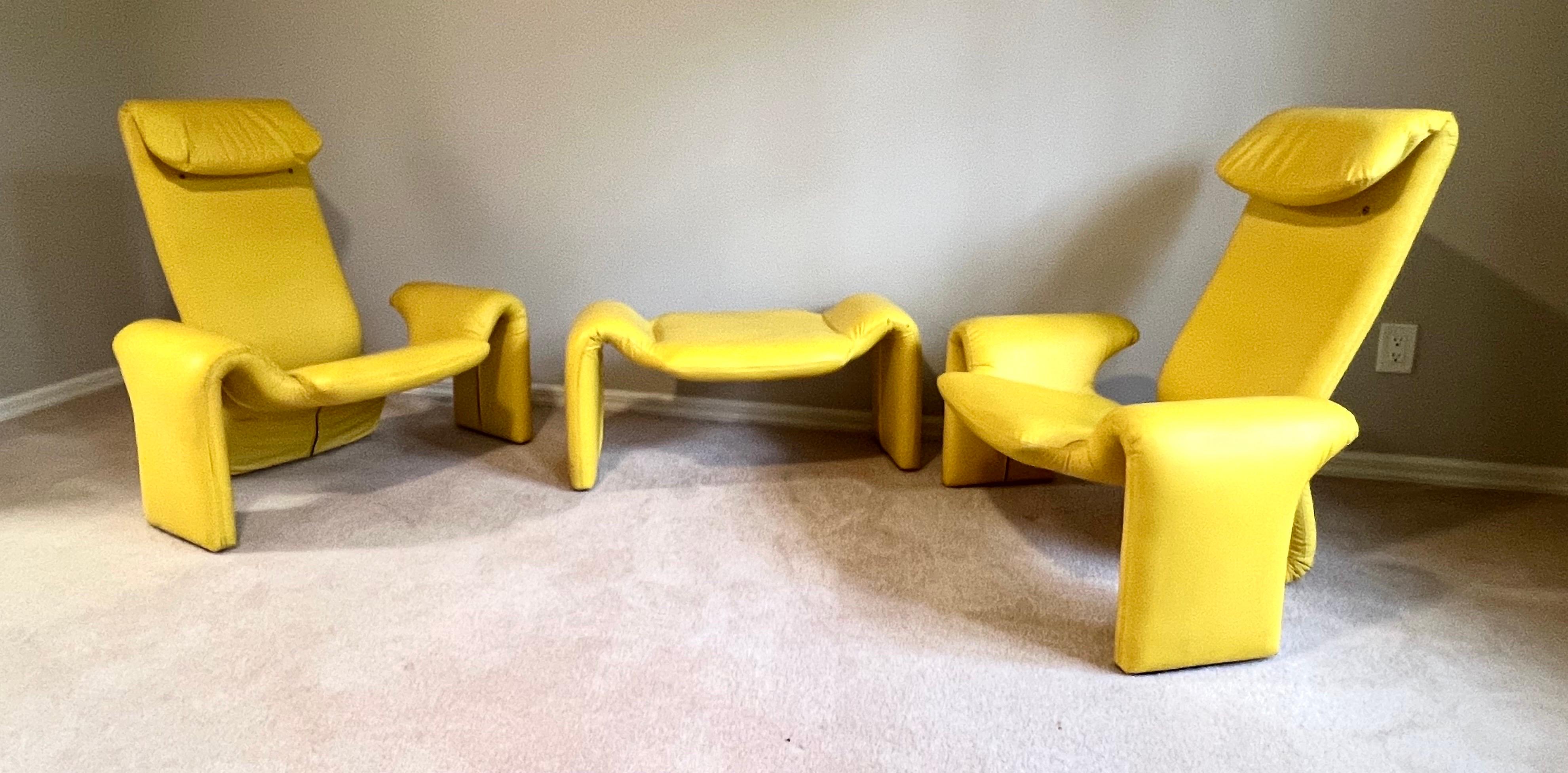 Mid-Century Modern Paire de chaises longues et pouf en cuir organique moderne français, Pierre Paulin en vente