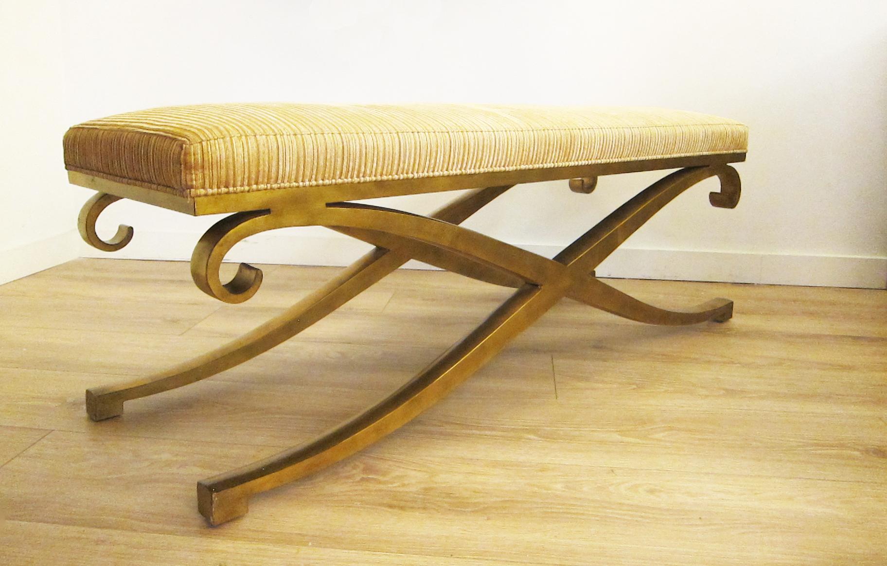20th Century Pair of French Mid-Century Modern Neoclassical Gilt Iron Benches