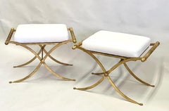 Pair of French Midcentury Modern Neoclassical Gilt Iron Benches, Raymond Subes