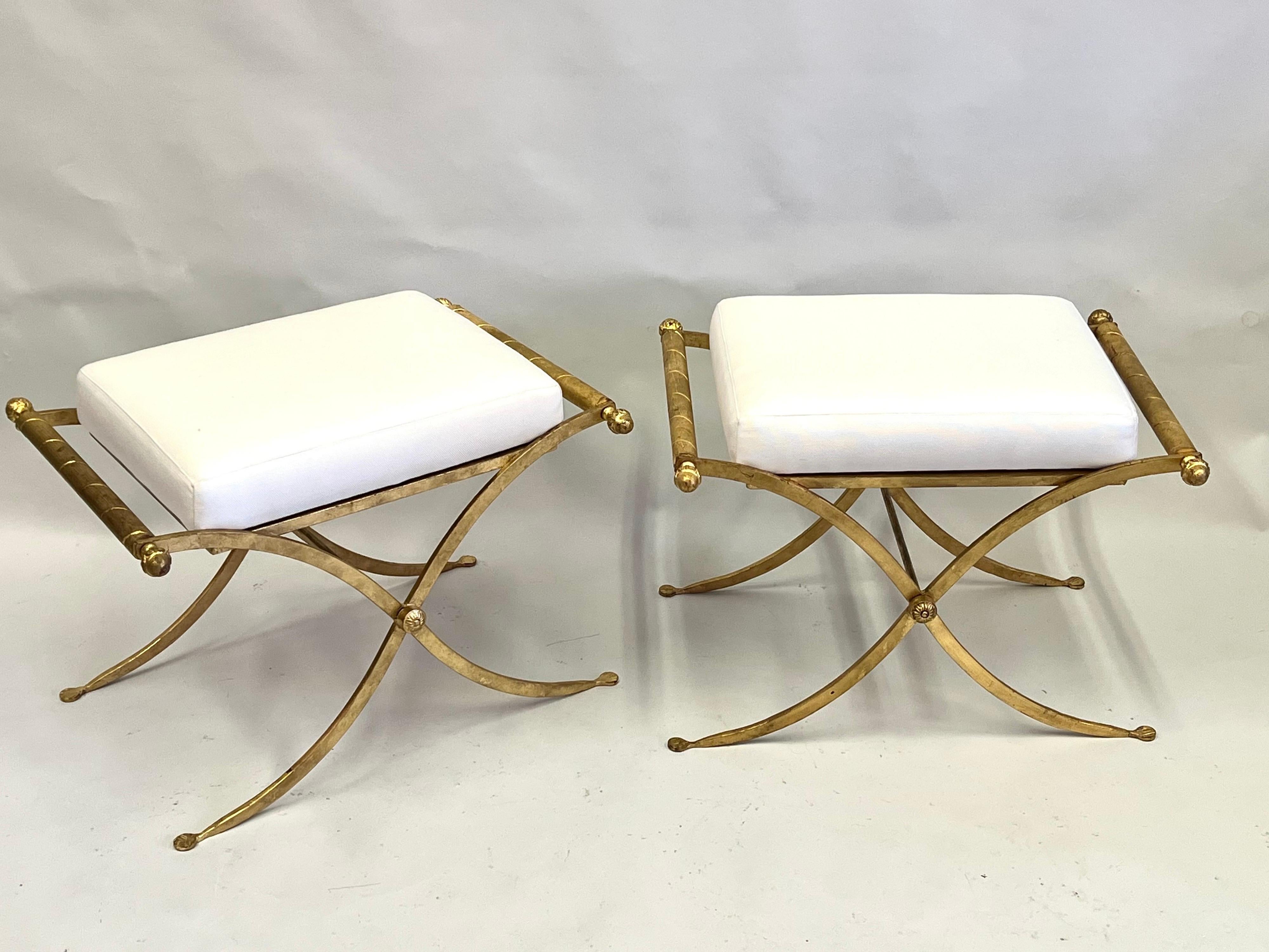 Mid-Century Modern Pair of French Midcentury Modern Neoclassical Gilt Iron Benches, Raymond Subes