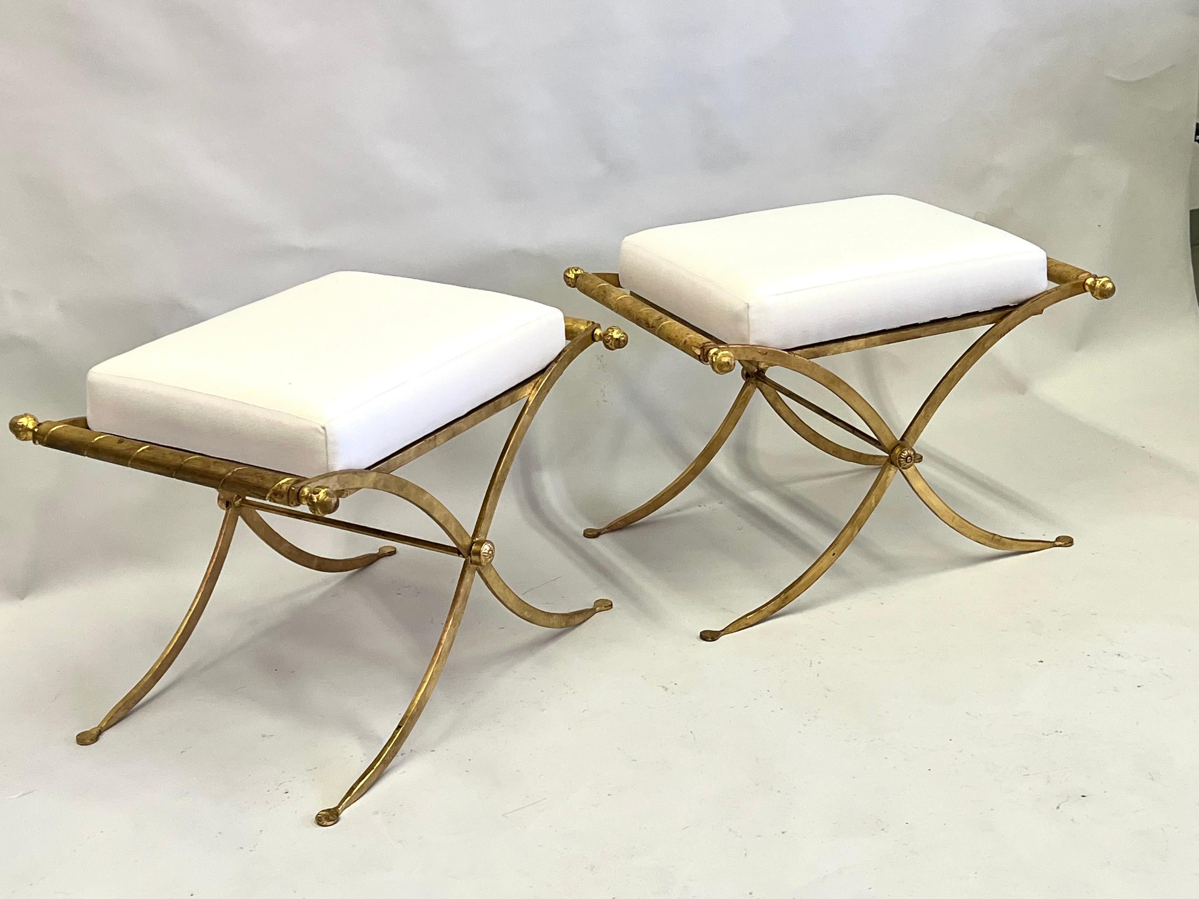 Pair of French Midcentury Modern Neoclassical Gilt Iron Benches, Raymond Subes In Good Condition In New York, NY