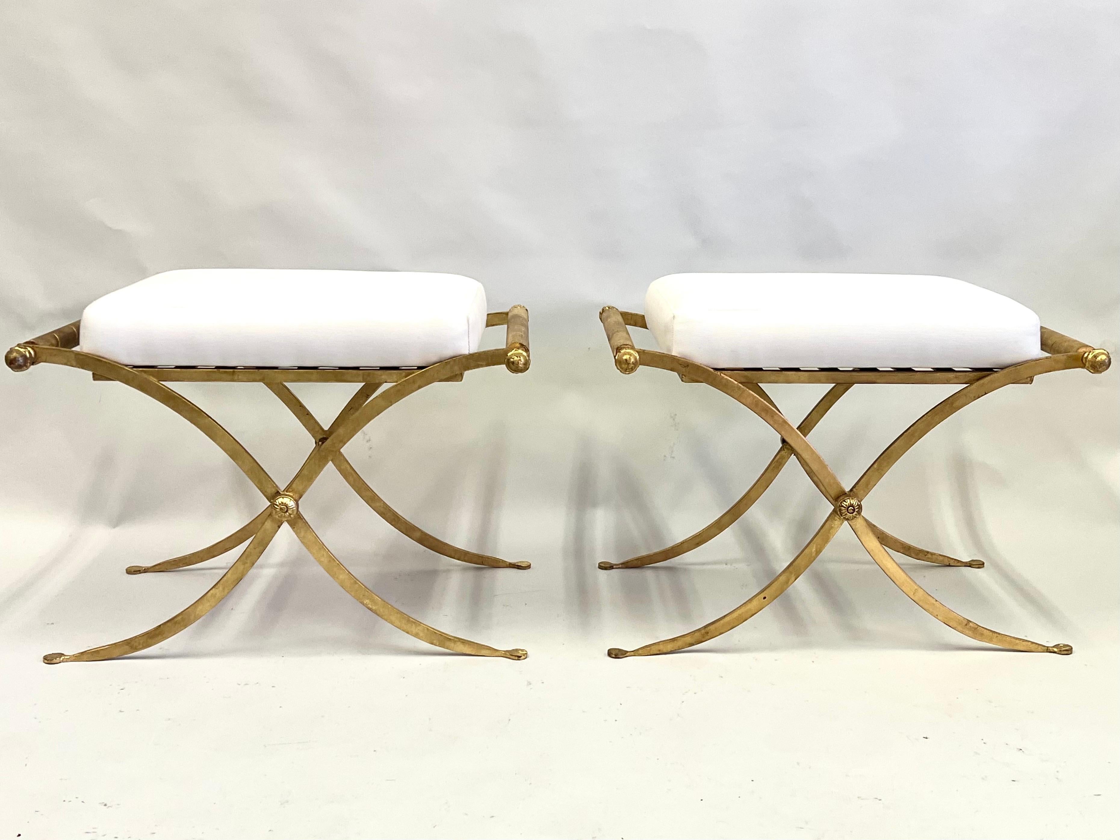 20th Century Pair of French Midcentury Modern Neoclassical Gilt Iron Benches, Raymond Subes