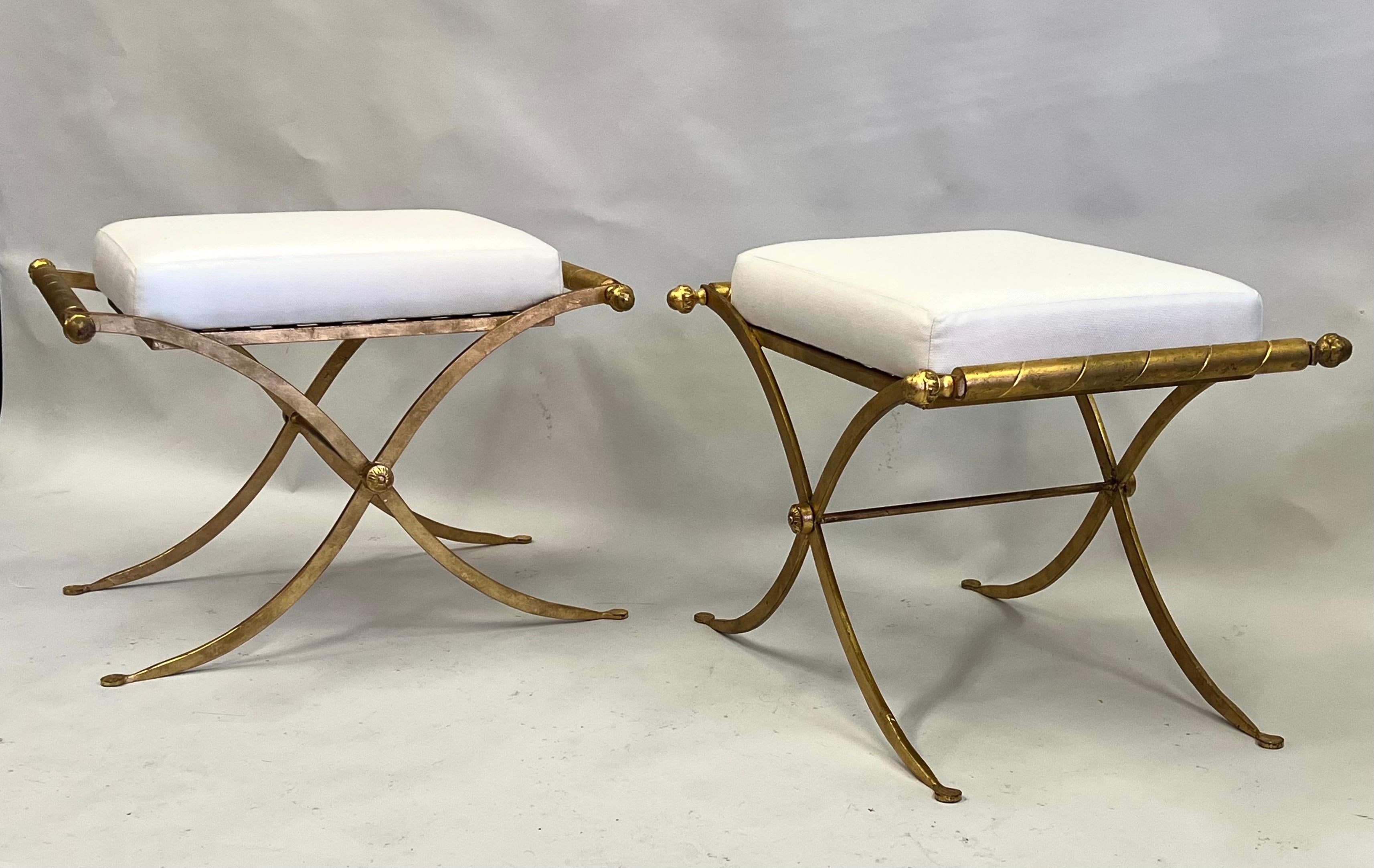 Wrought Iron Pair of French Midcentury Modern Neoclassical Gilt Iron Benches, Raymond Subes