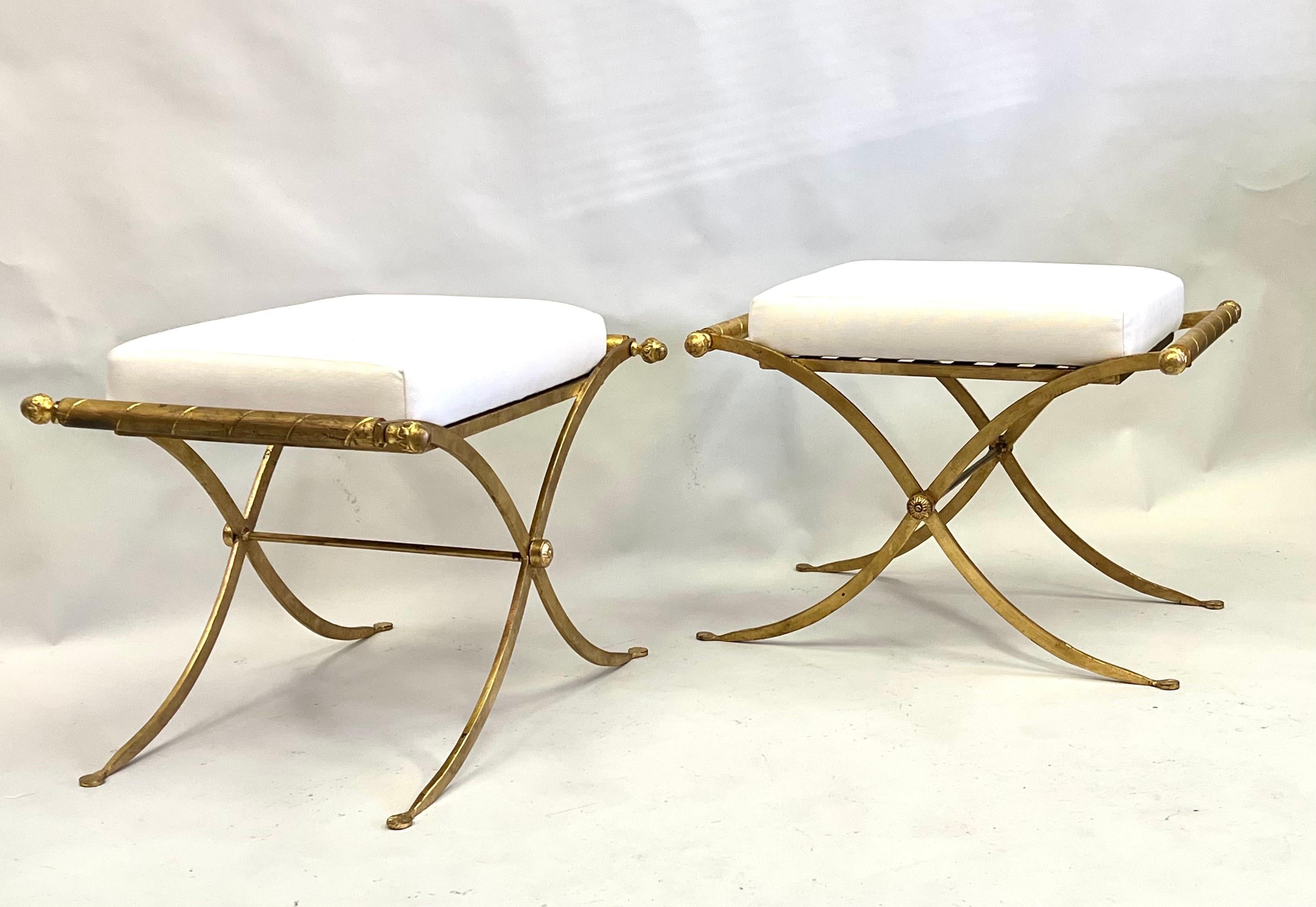 Pair of French Midcentury Modern Neoclassical Gilt Iron Benches, Raymond Subes 1