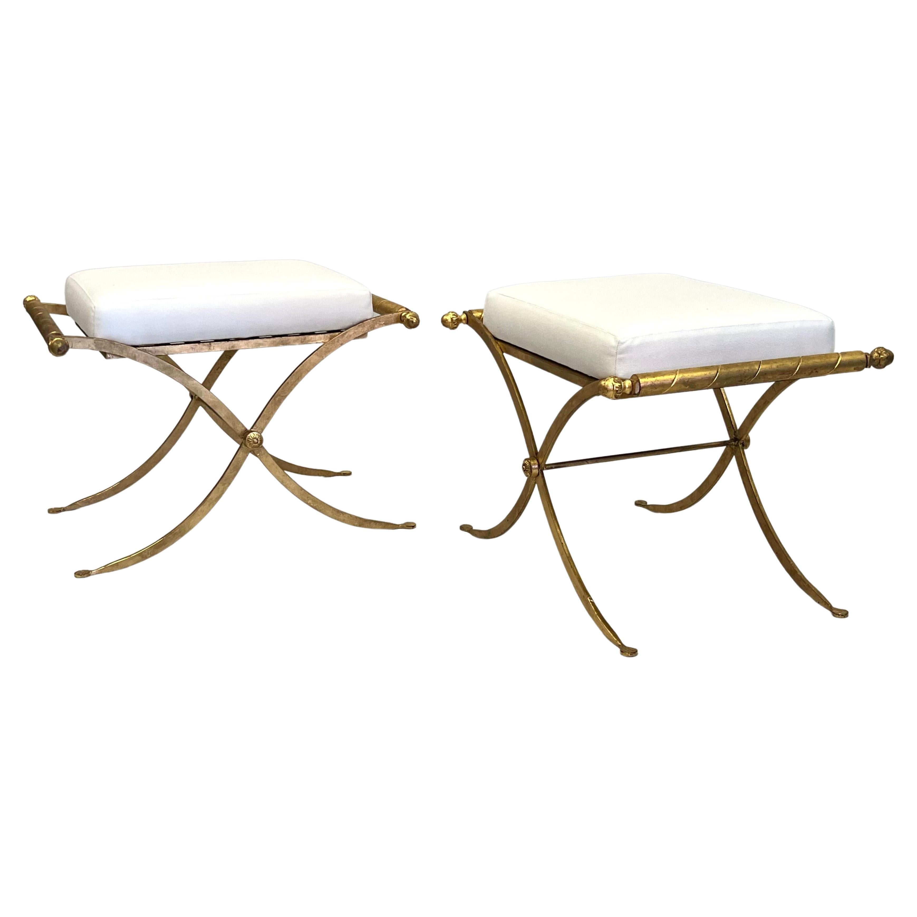 Pair of French Midcentury Modern Neoclassical Gilt Iron Benches, Raymond Subes