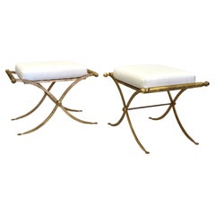 Vintage Pair of French Midcentury Modern Neoclassical Gilt Iron Benches, Raymond Subes