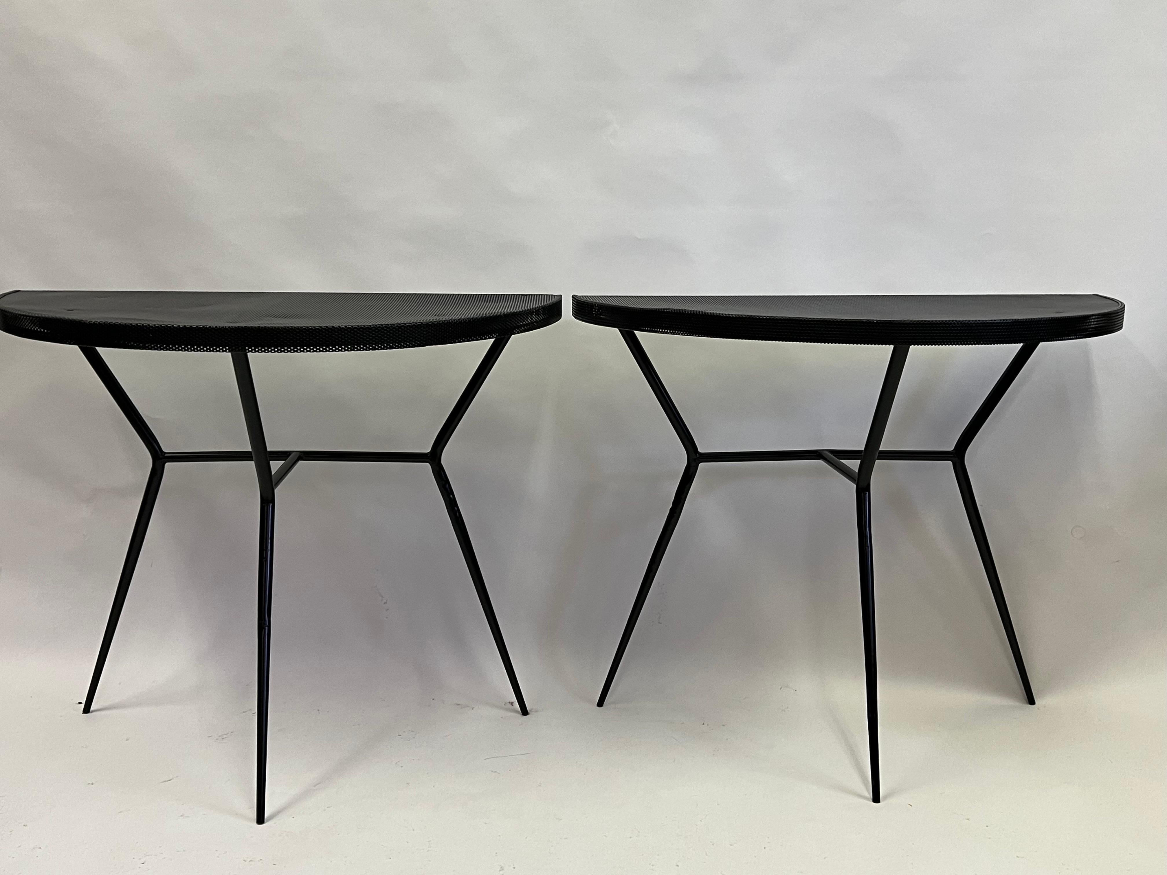 20th Century Pair of French Midcentury Modern Perforated Metal Consoles Attr. Mathieu Mategot For Sale