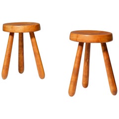 Pair of French Mid-Century Modern Stools in Solid Elm