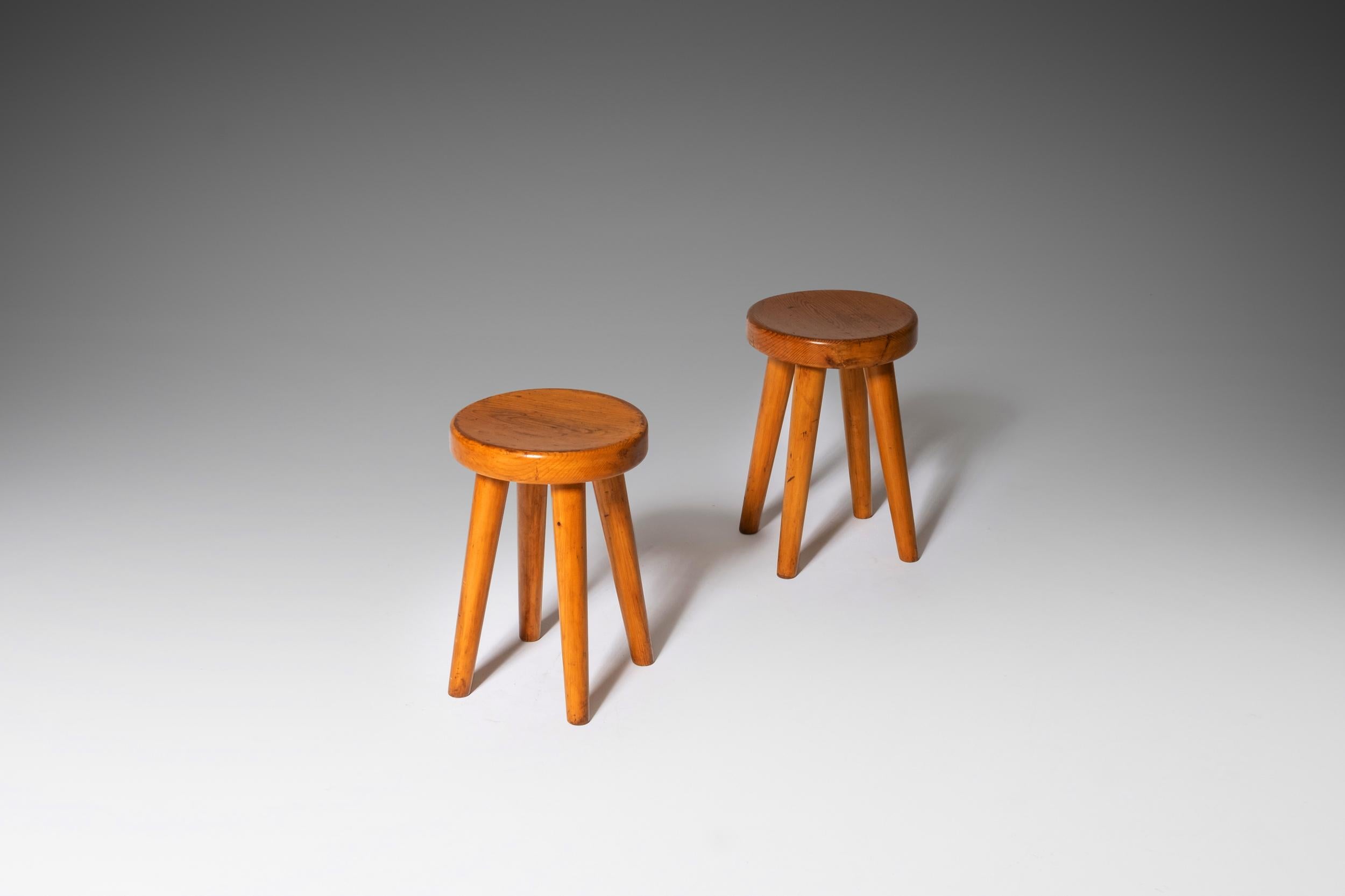 Pair of French Mid-Century Modern Stools in Solid Pine 4