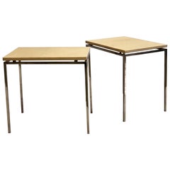Pair of French Midcentury Nickel & Parchment Leather Side Tables, Maison Ramsay