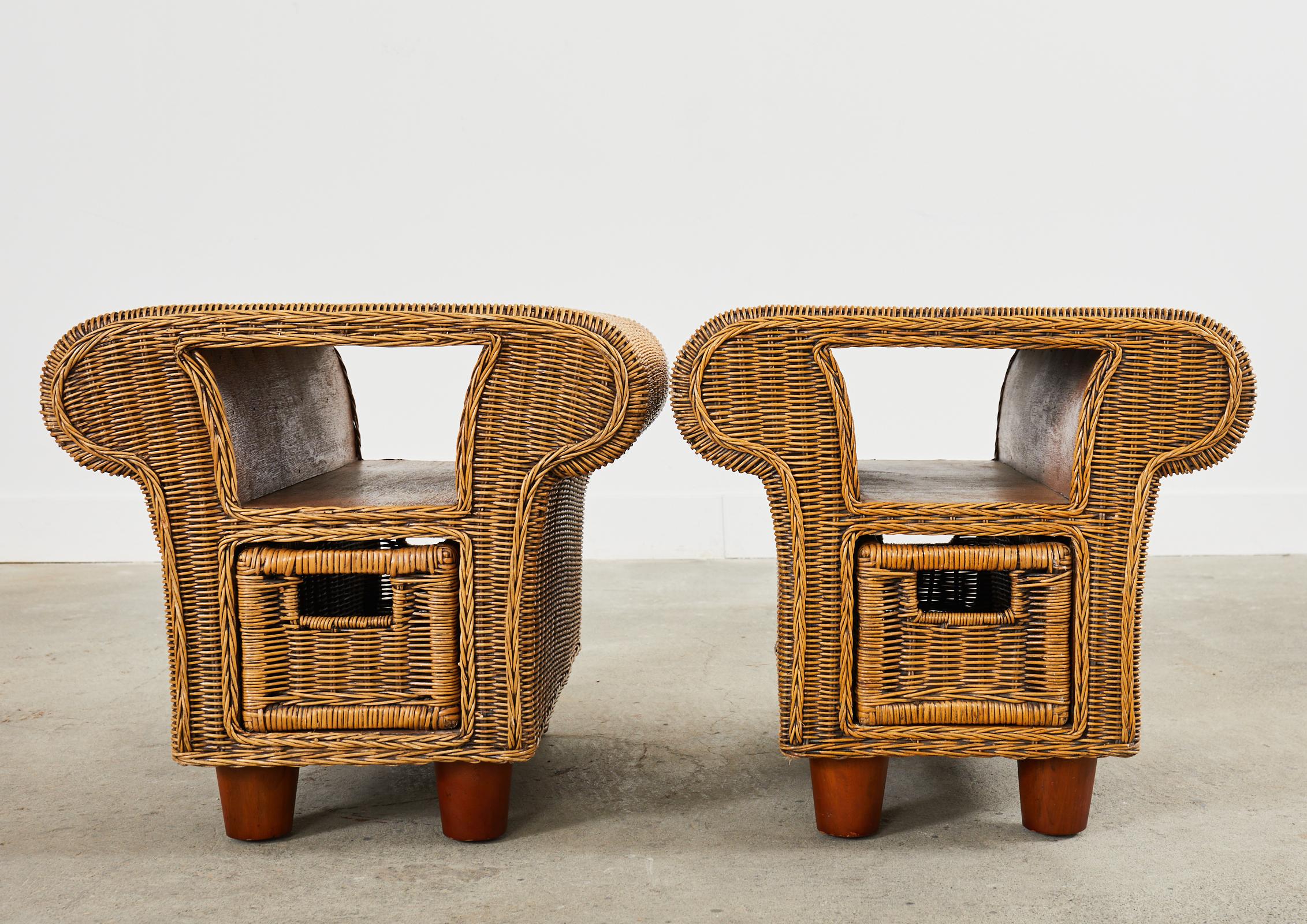 Pair of French Mid-Century Organic Modern Wicker Nightstands 11