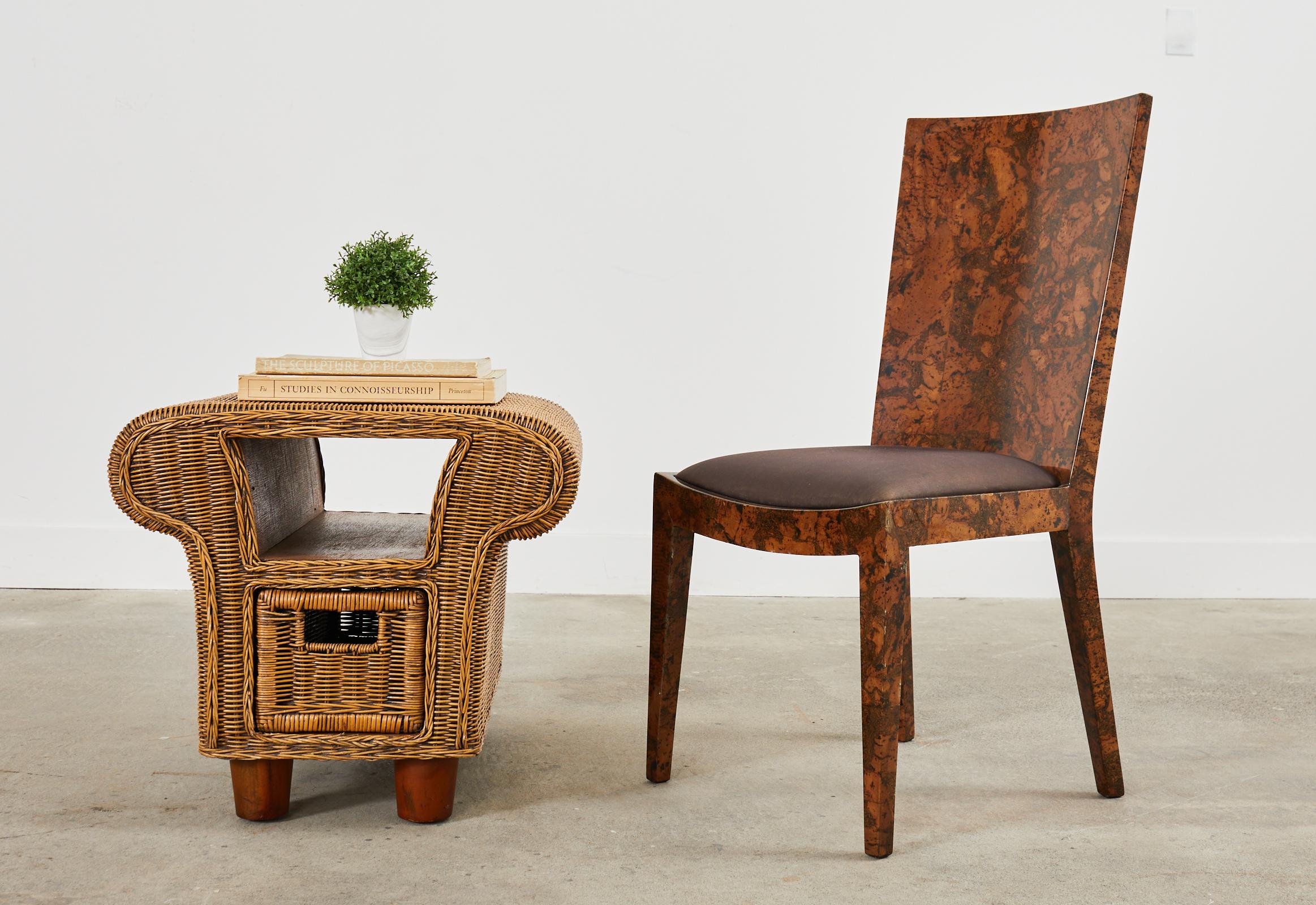 Charming pair of French Mid-Century organic Modern nightstands or bedside tables crafted from woven wicker. The whimsical tables have a mushroom shaped profile. The wood frame is wrapped with wicker and there are two storage areas. The top has an