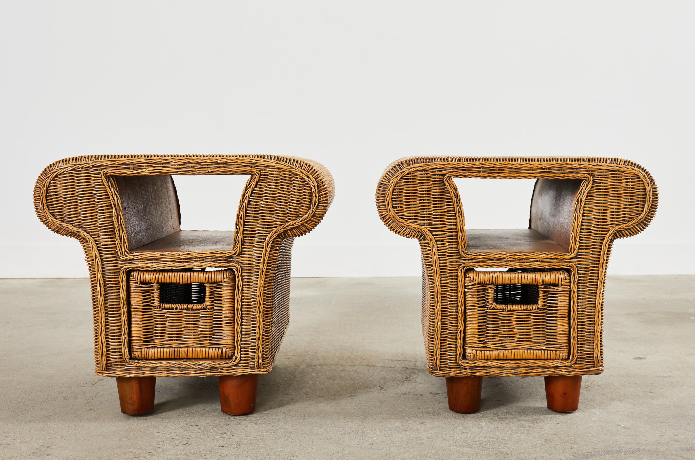 Woven Pair of French Mid-Century Organic Modern Wicker Nightstands