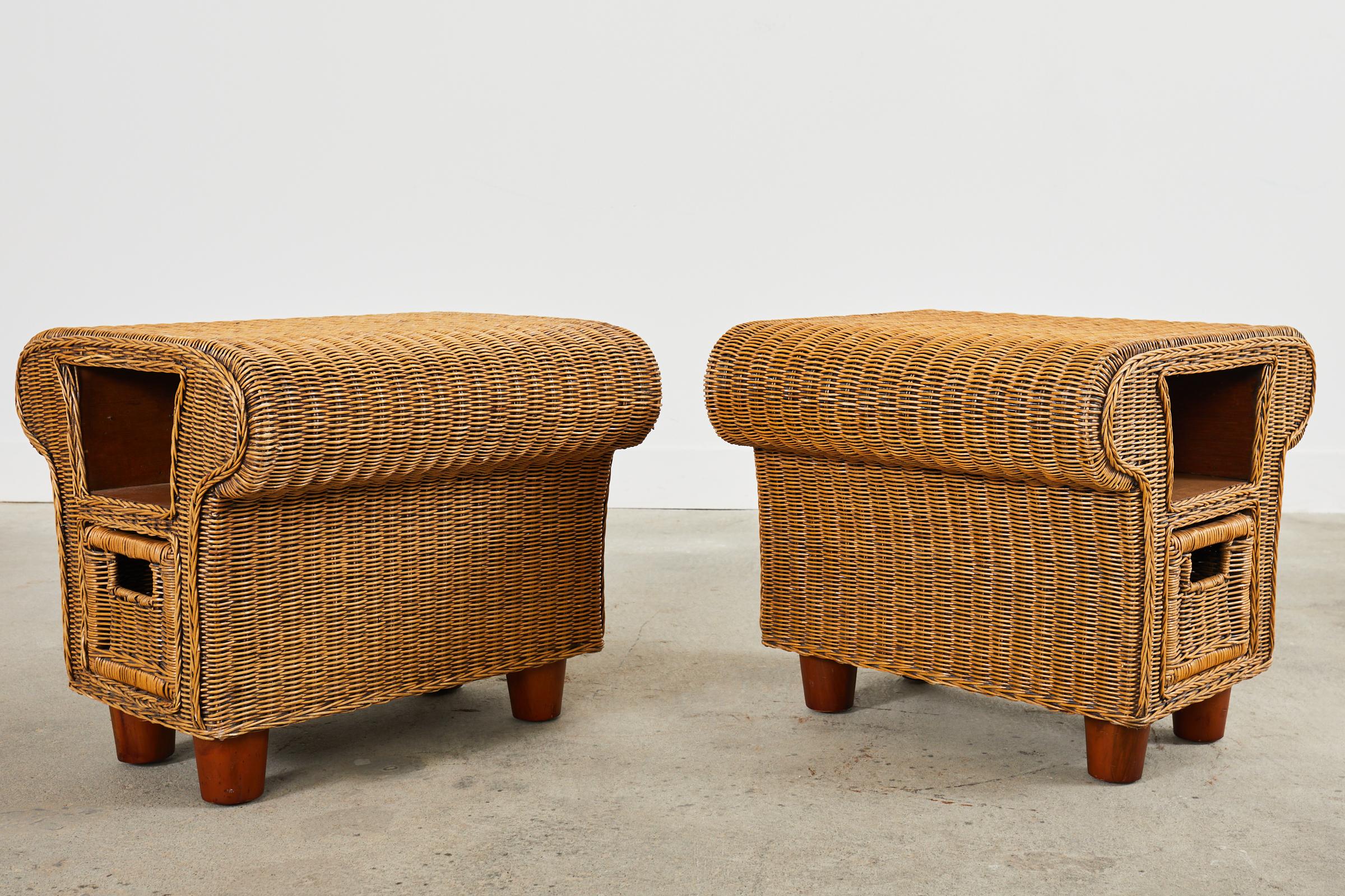 Pair of French Mid-Century Organic Modern Wicker Nightstands 1