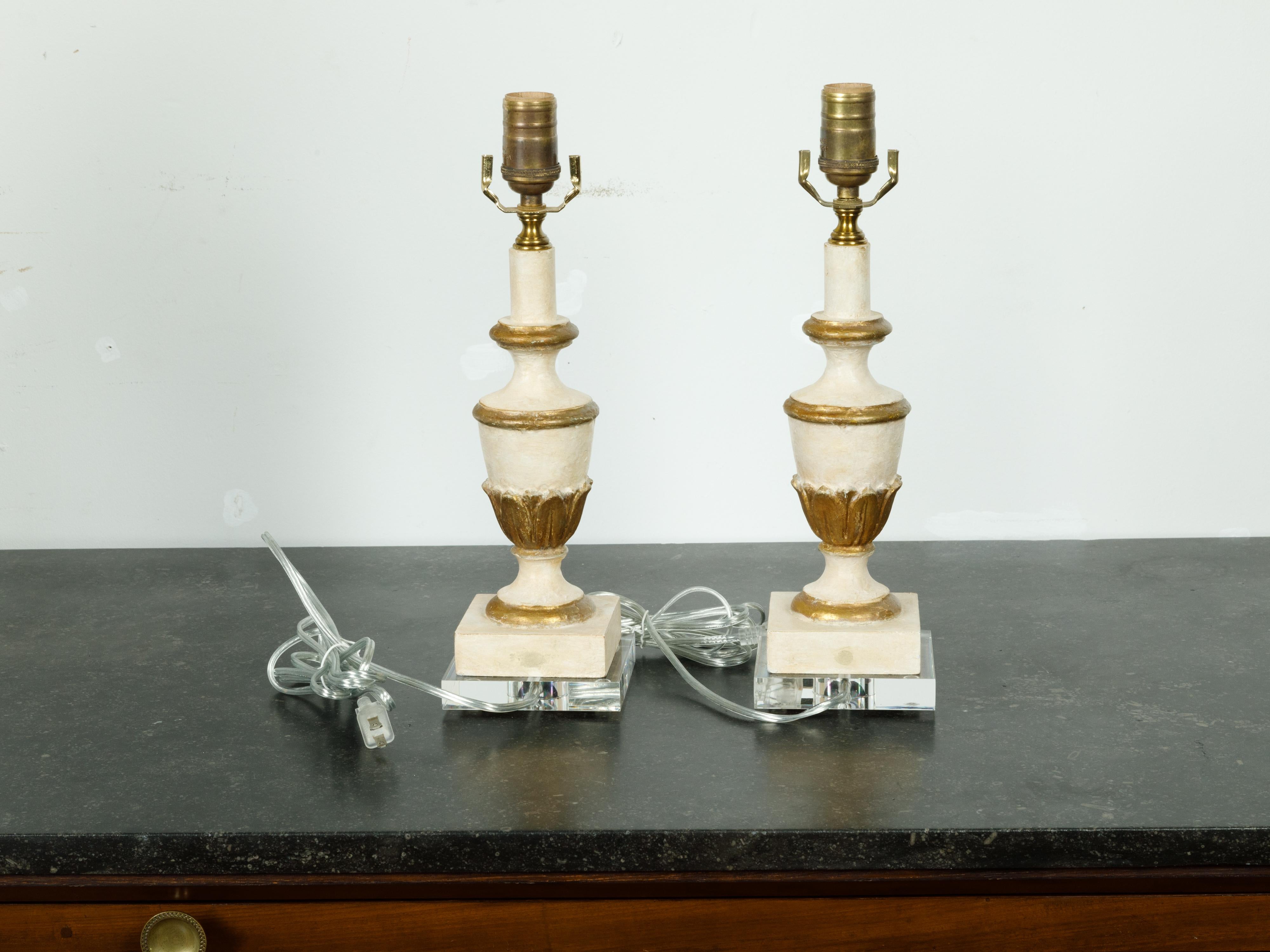Wood Pair of French Midcentury Painted and Gilt Carved Urn Table Lamps on Lucite