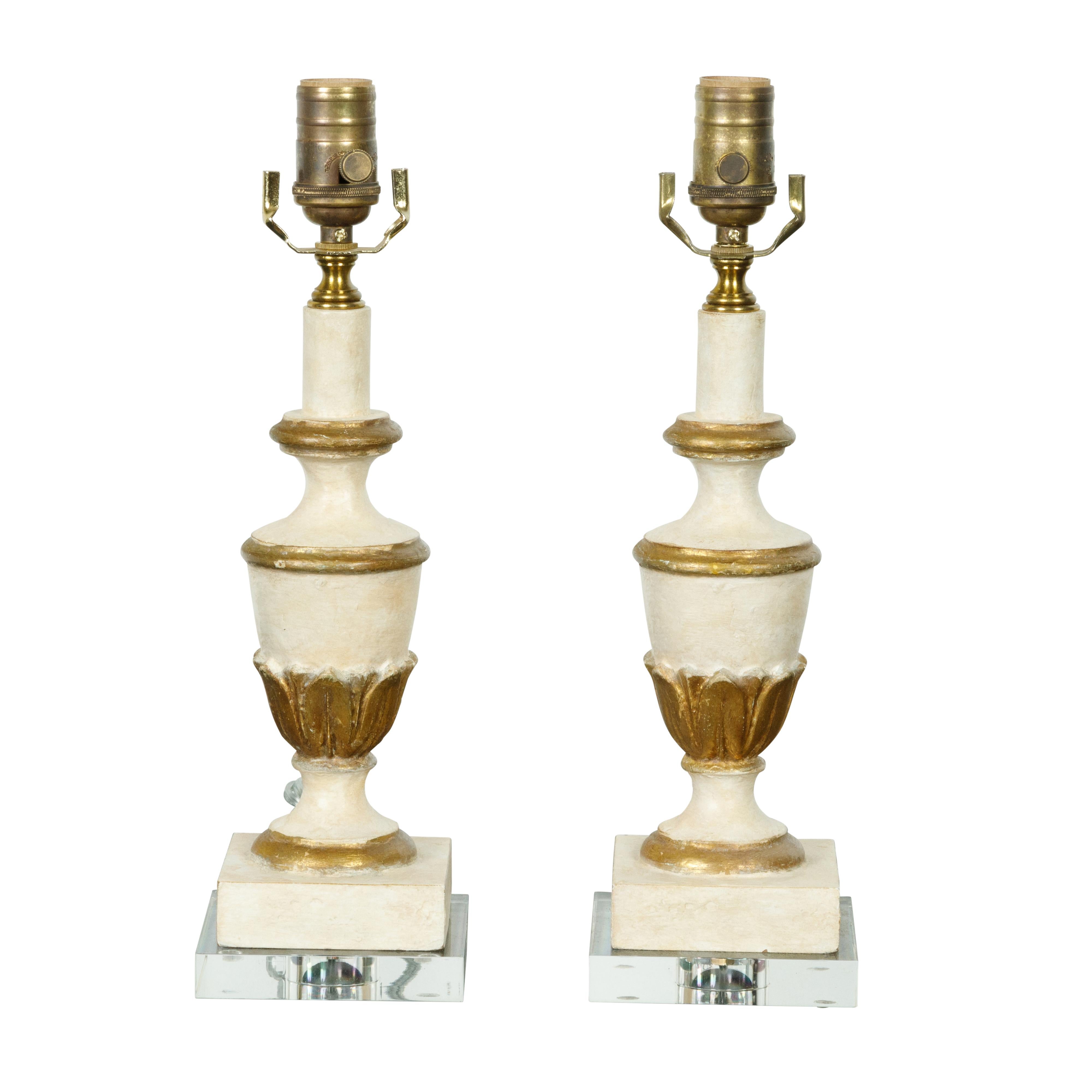 Pair of French Midcentury Painted and Gilt Carved Urn Table Lamps on Lucite