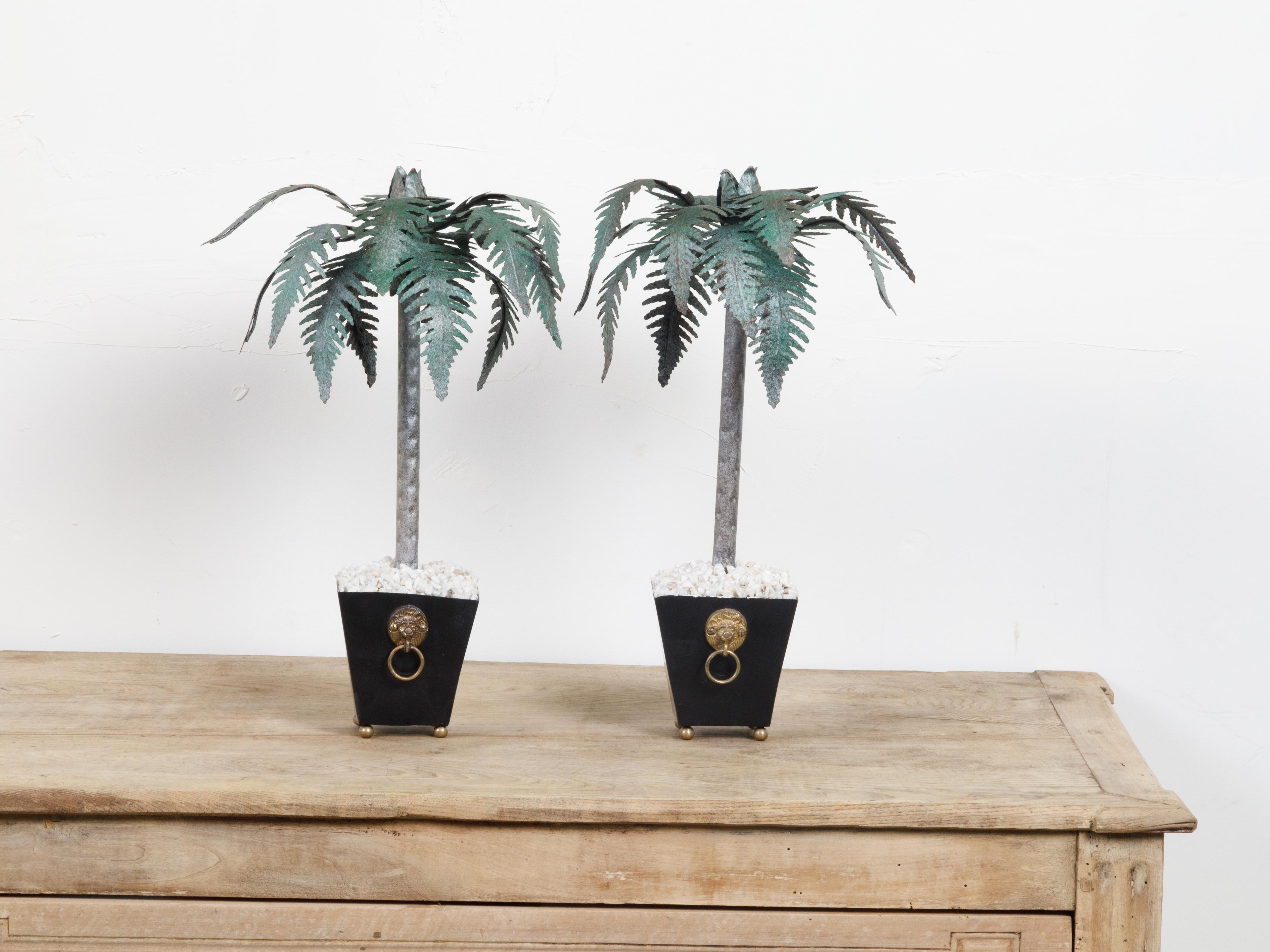 Painted Pair of French Midcentury Palm Tree Sculptures in Black Tapering Pots For Sale