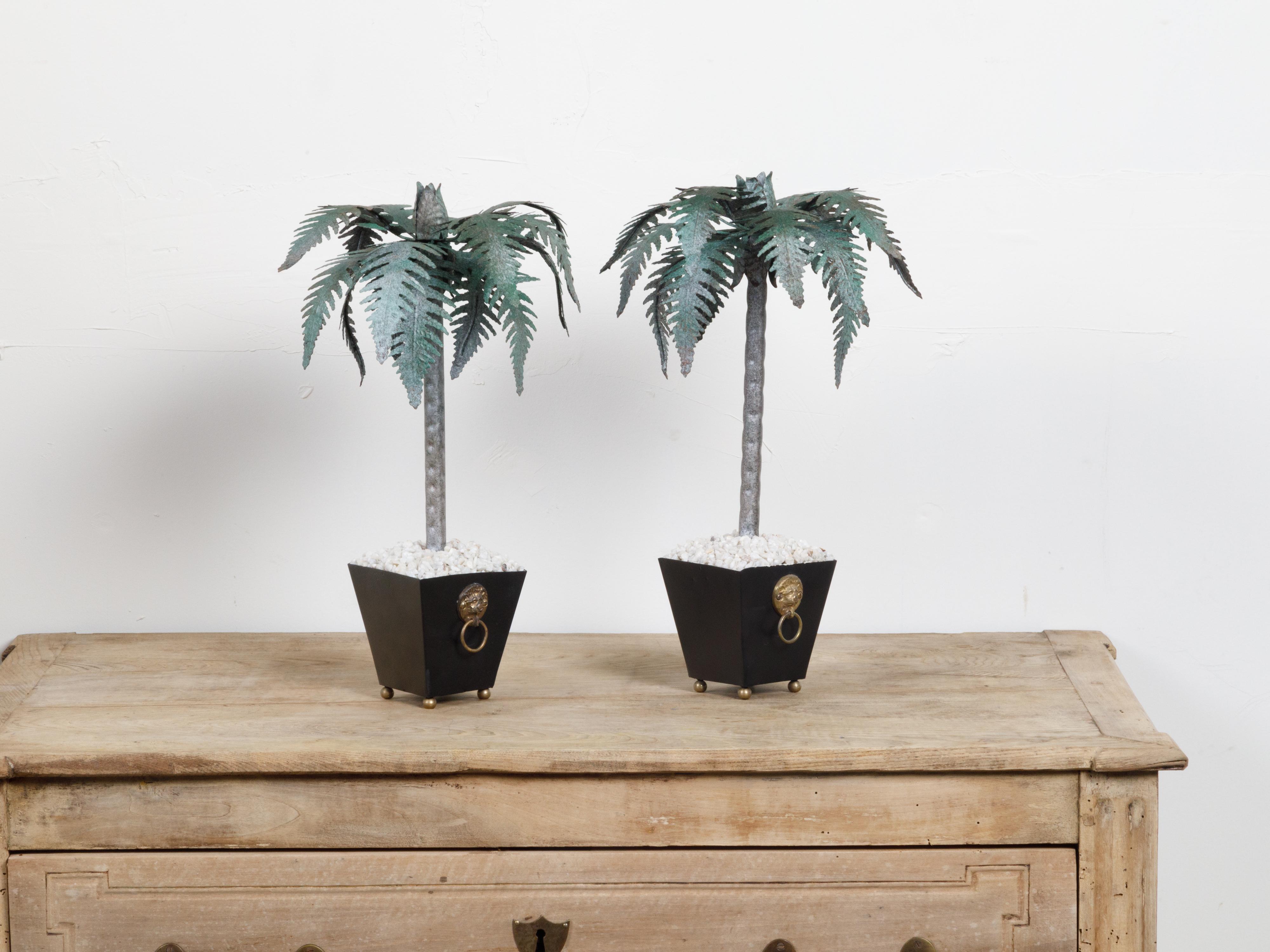Pair of French Midcentury Palm Tree Sculptures in Black Tapering Pots In Good Condition For Sale In Atlanta, GA