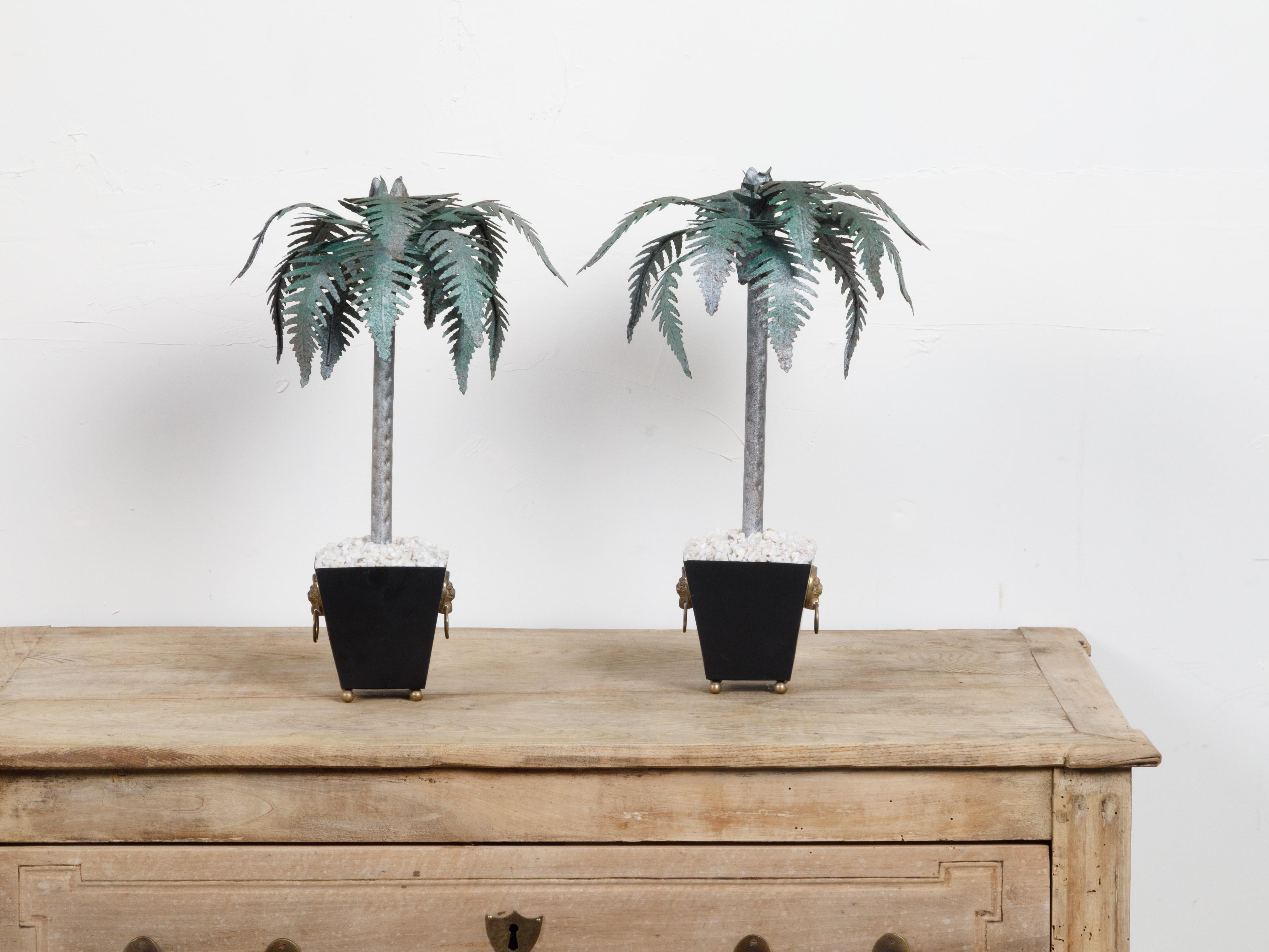 20th Century Pair of French Midcentury Palm Tree Sculptures in Black Tapering Pots For Sale
