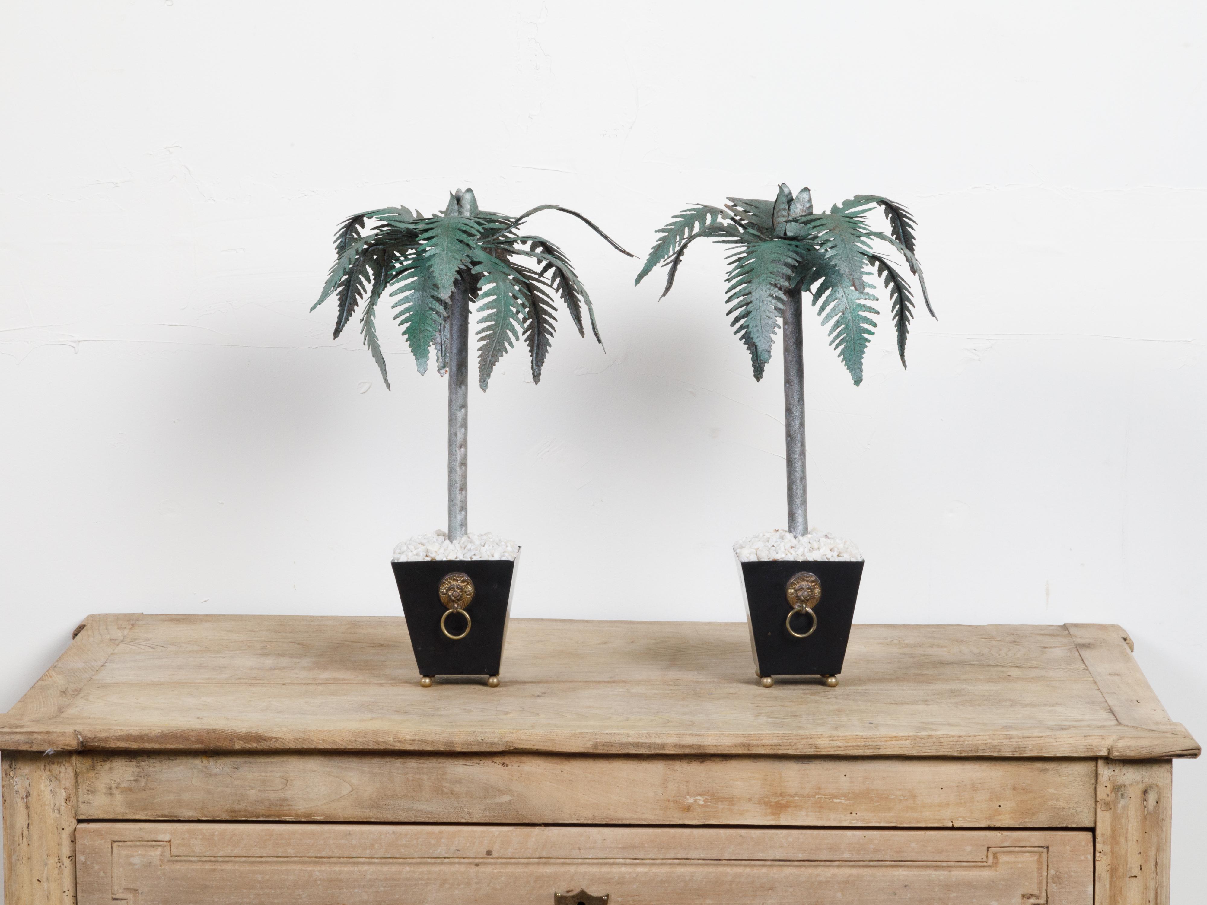 Tôle Pair of French Midcentury Palm Tree Sculptures in Black Tapering Pots For Sale