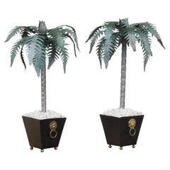 Pair of French Midcentury Palm Tree Sculptures in Black Tapering Pots