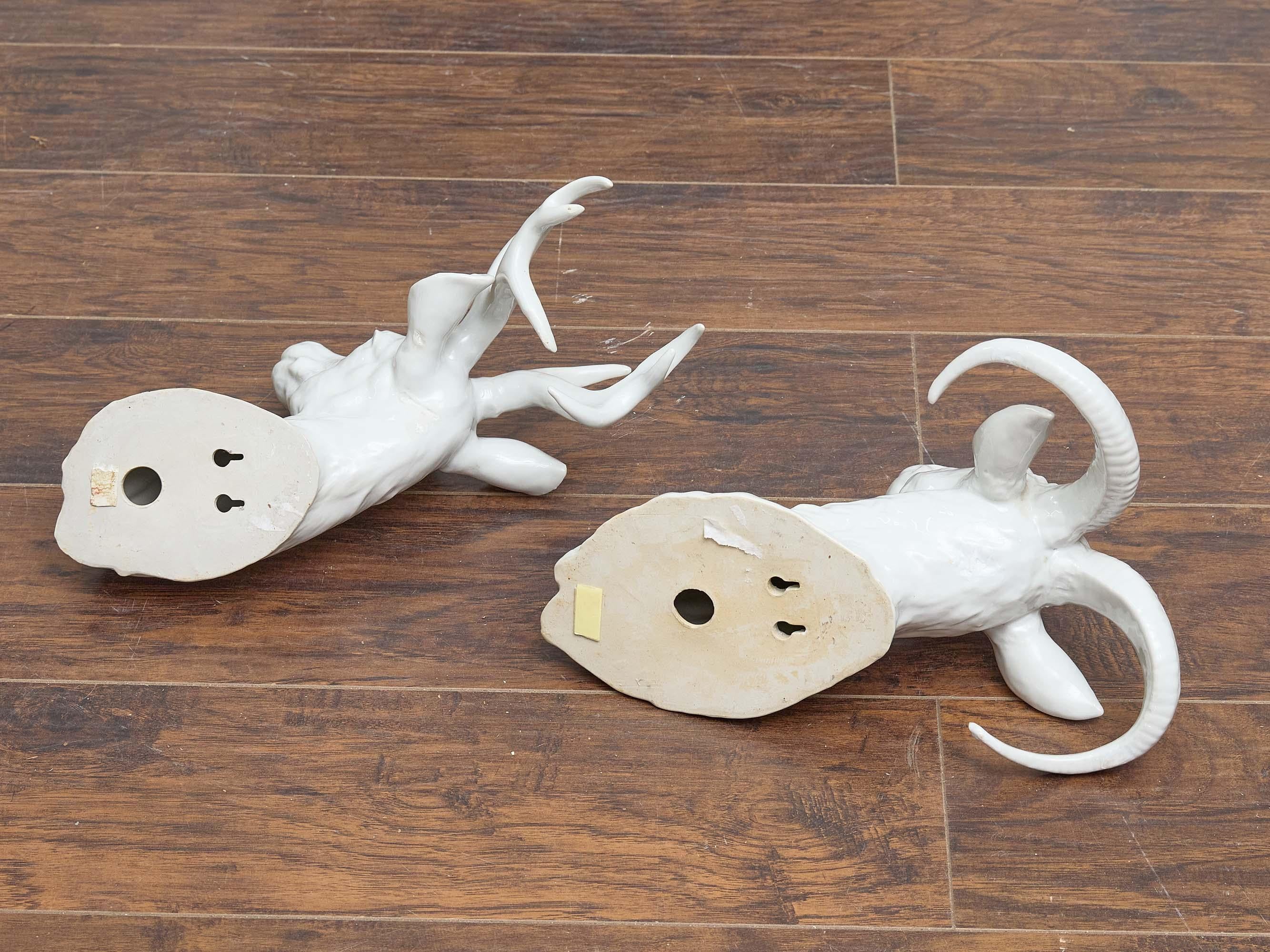 Mid-Century Modern Pair of French Midcentury Porcelain Deer and Ram Wall Mounts For Sale