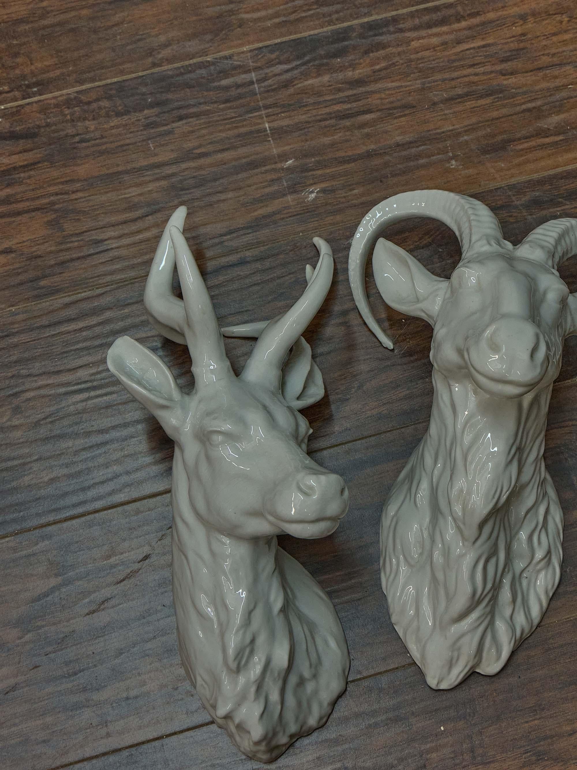Glazed Pair of French Midcentury Porcelain Deer and Ram Wall Mounts For Sale
