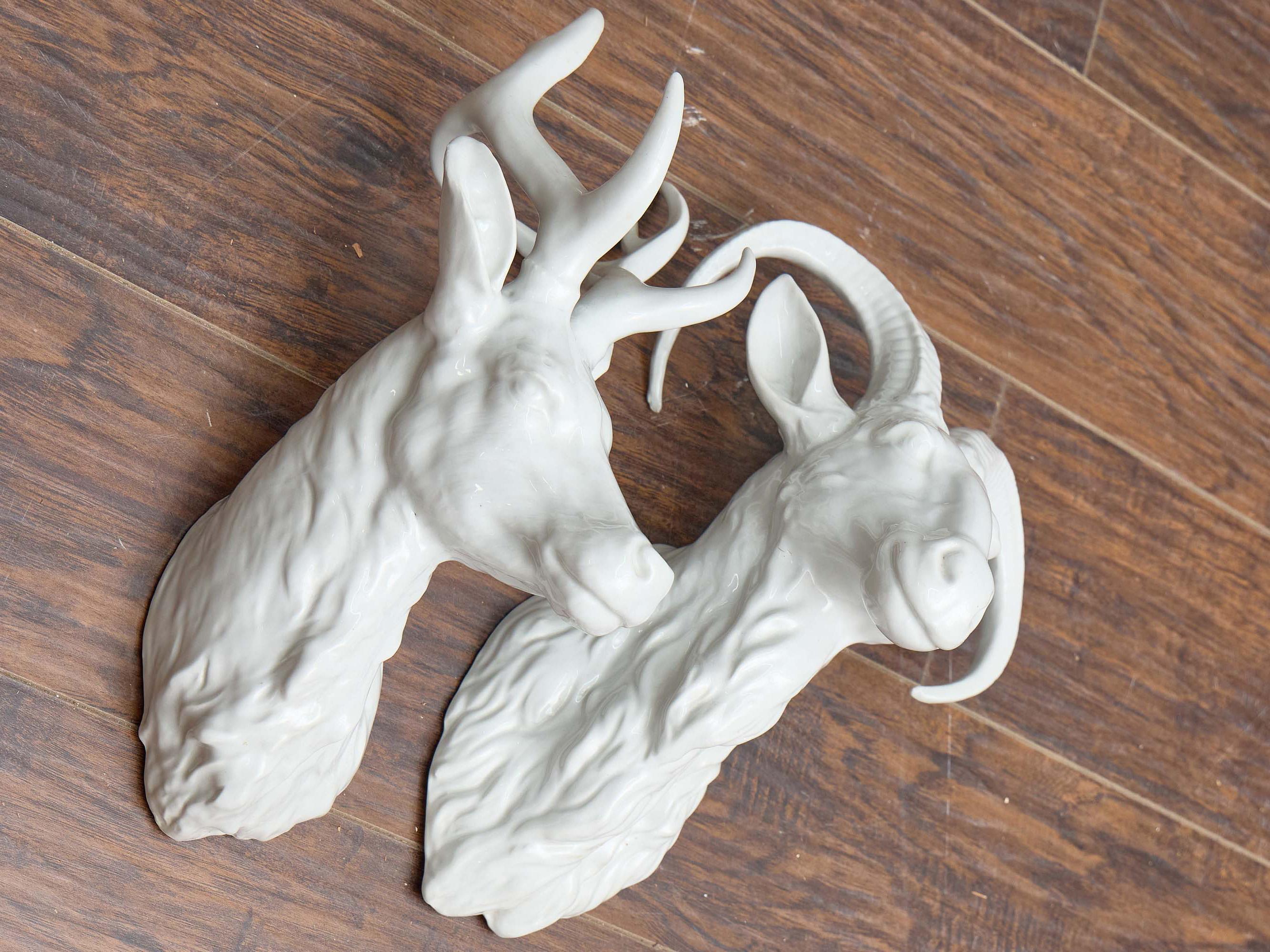 Pair of French Midcentury Porcelain Deer and Ram Wall Mounts In Good Condition For Sale In Atlanta, GA