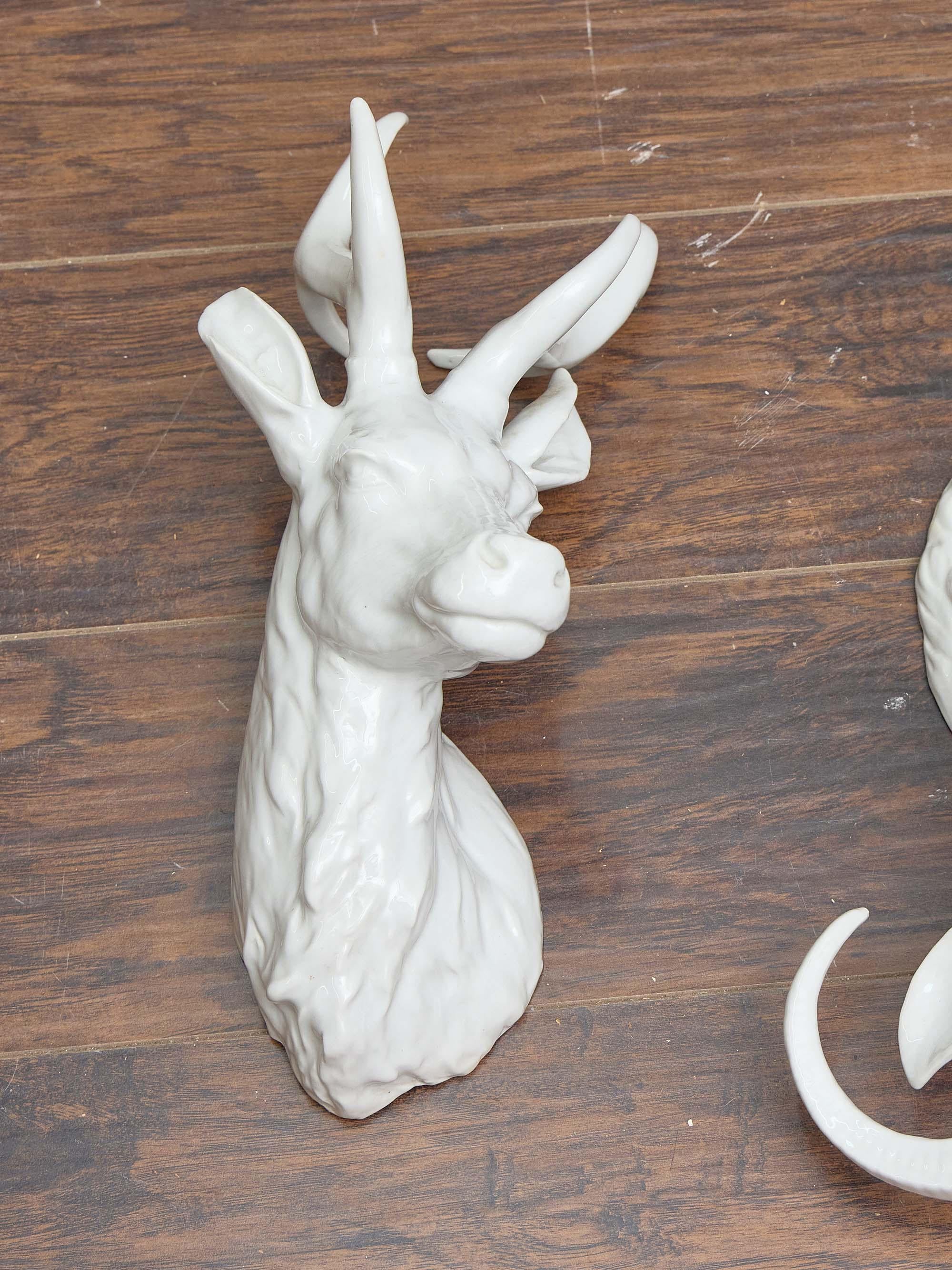 20th Century Pair of French Midcentury Porcelain Deer and Ram Wall Mounts For Sale
