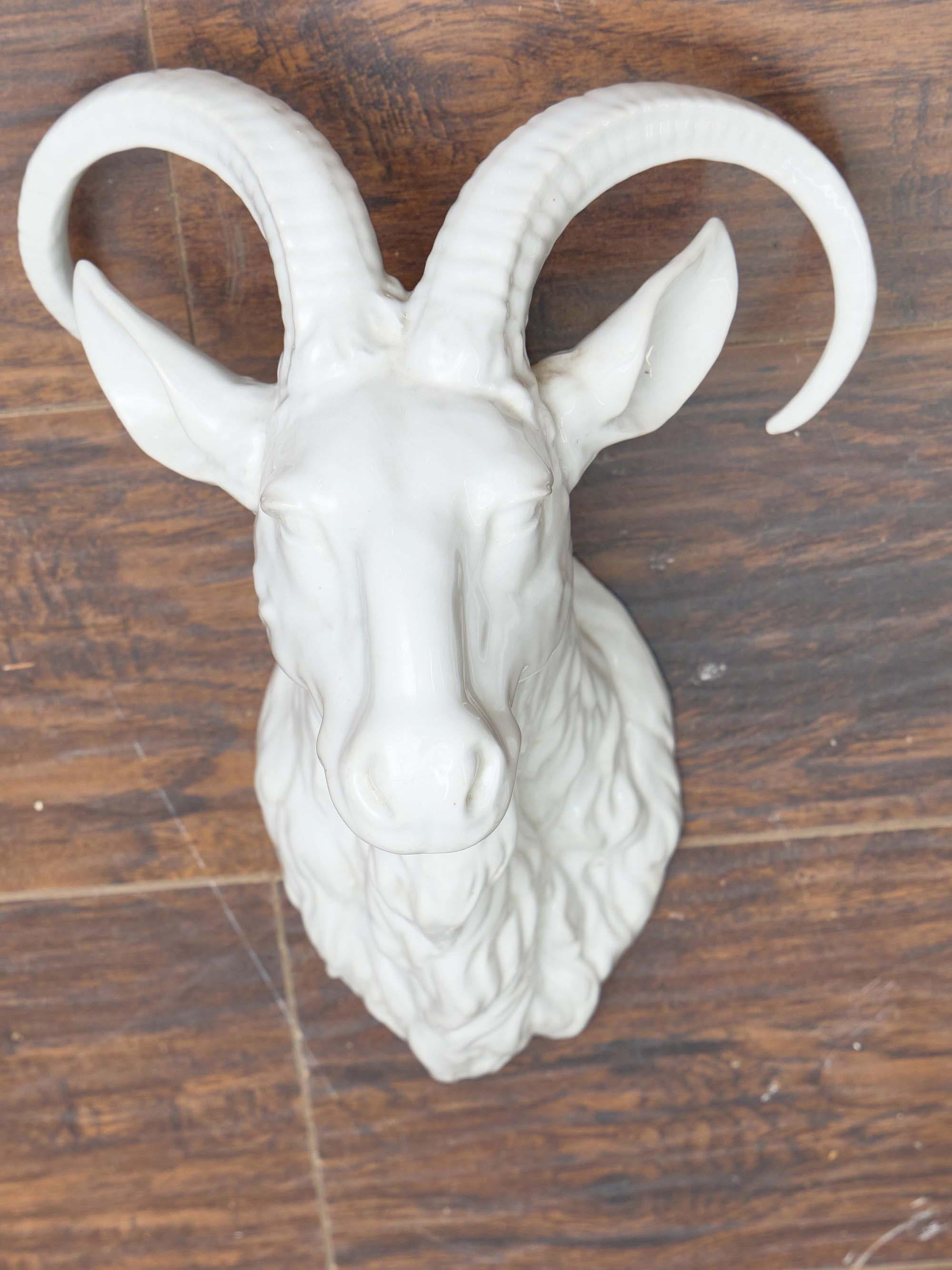 Pair of French Midcentury Porcelain Deer and Ram Wall Mounts For Sale 1