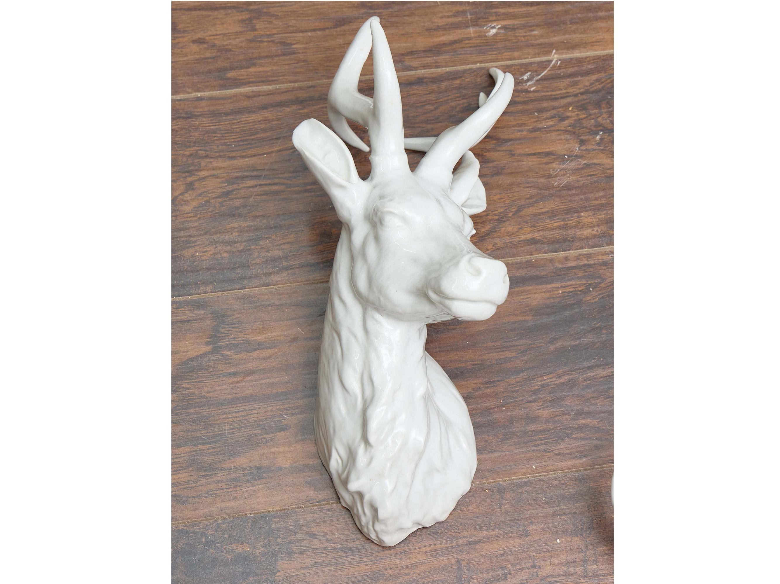 Pair of French Midcentury Porcelain Deer and Ram Wall Mounts For Sale 2