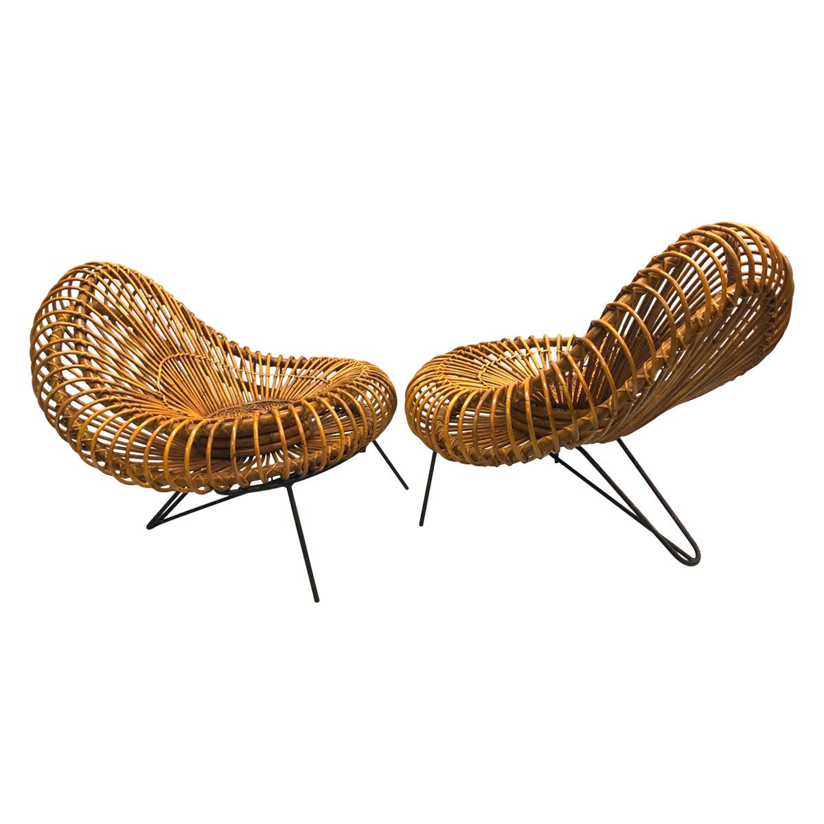 Pair of French Midcentury Rattan Lounge Chairs by Janine Abraham & Dirk Jan Rol